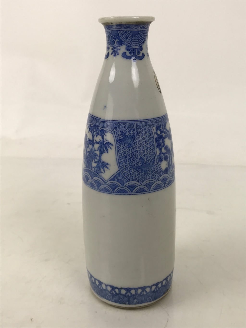 Antique Japanese Porcelain Sake Bottle Tokkuri White Blue Shochikubai Pine TS822