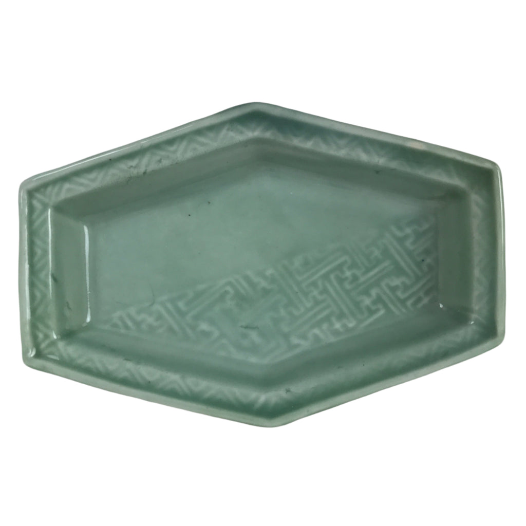 Antique Japanese Porcelain Small Plate Kozara Hexagon Celadon Sayagata Y317