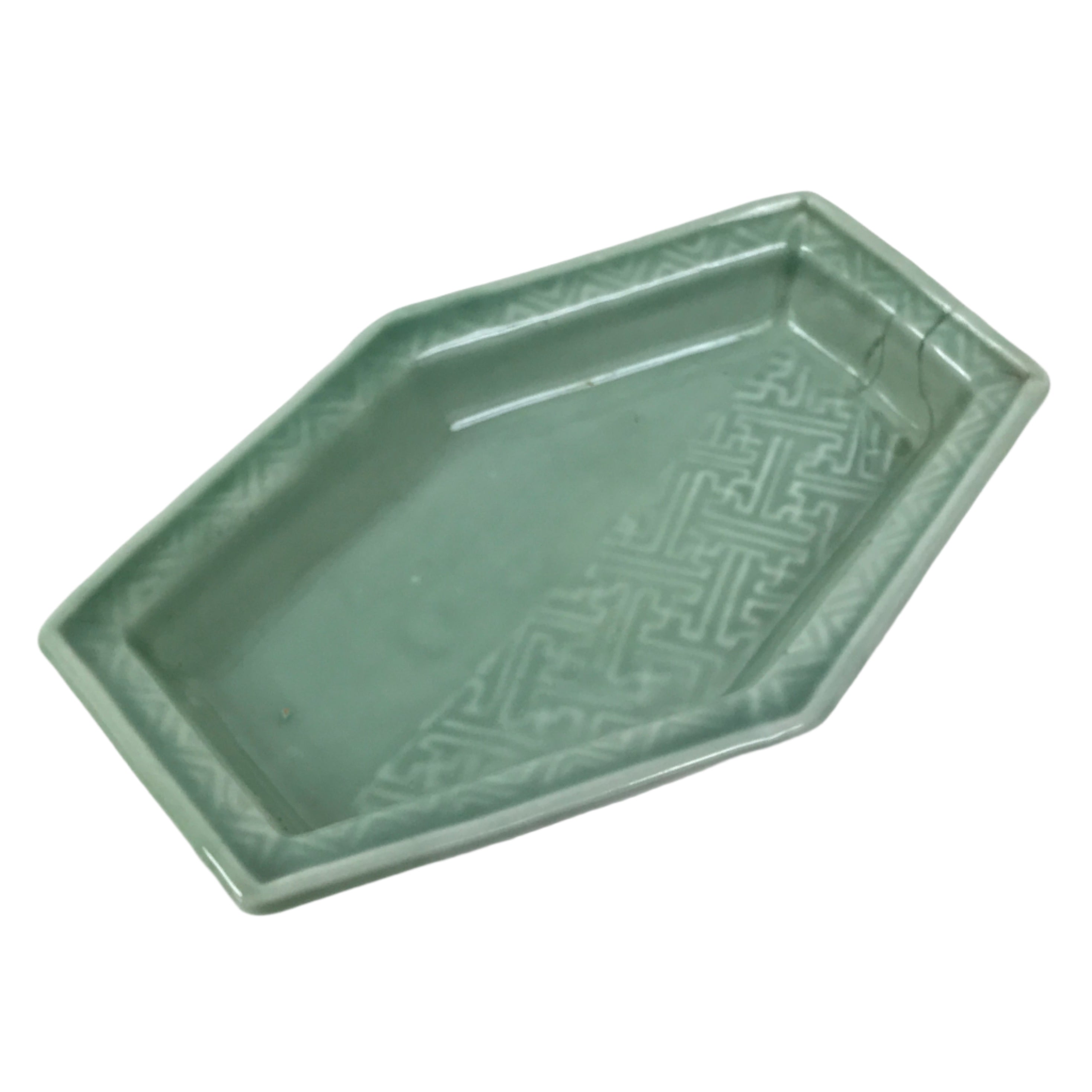 Antique Japanese Porcelain Small Plate Kozara Hexagon Celadon Sayagata Y326