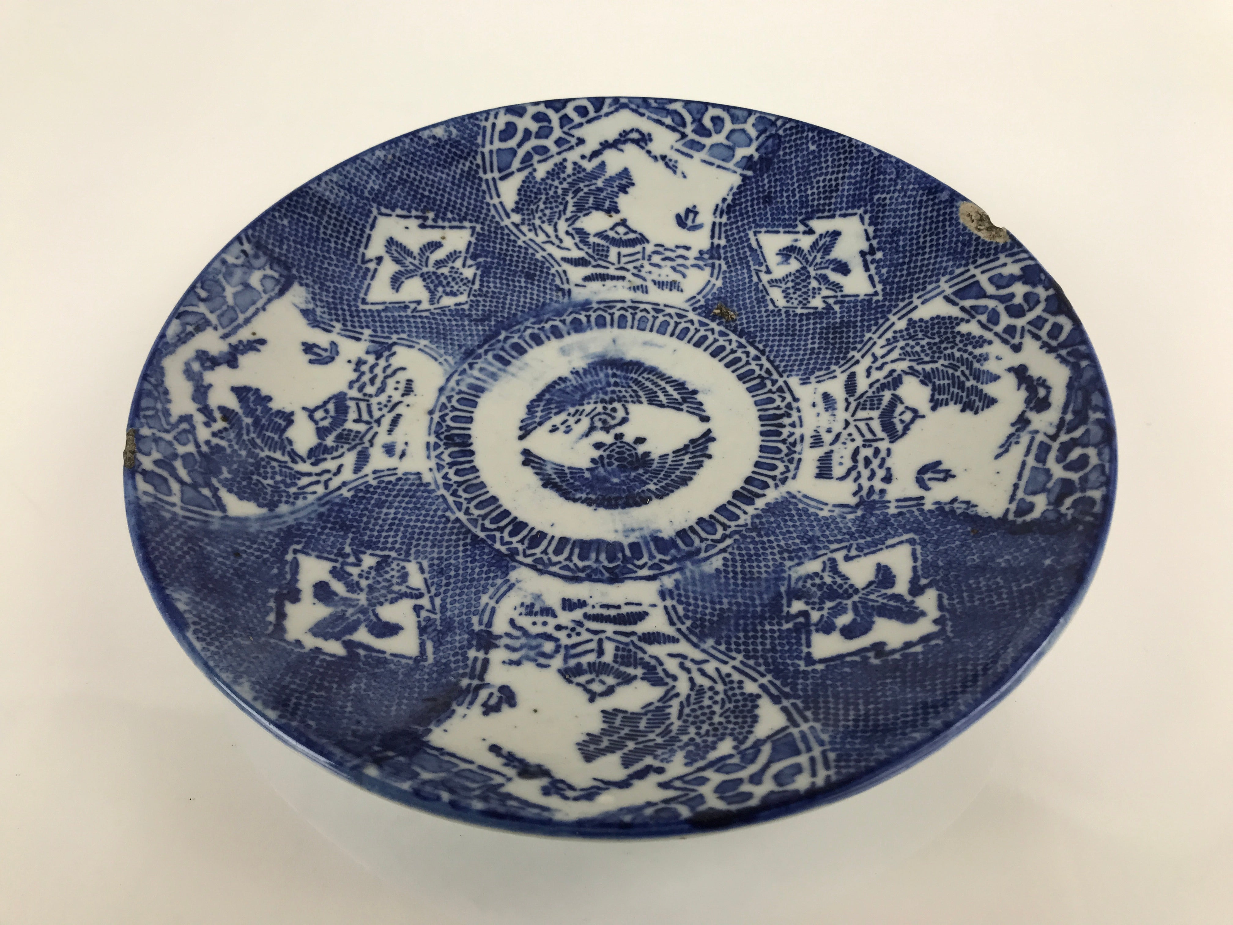 Antique Japanese Porcelain Sometsuke Plate Blue White Village Turtle Crane PY822