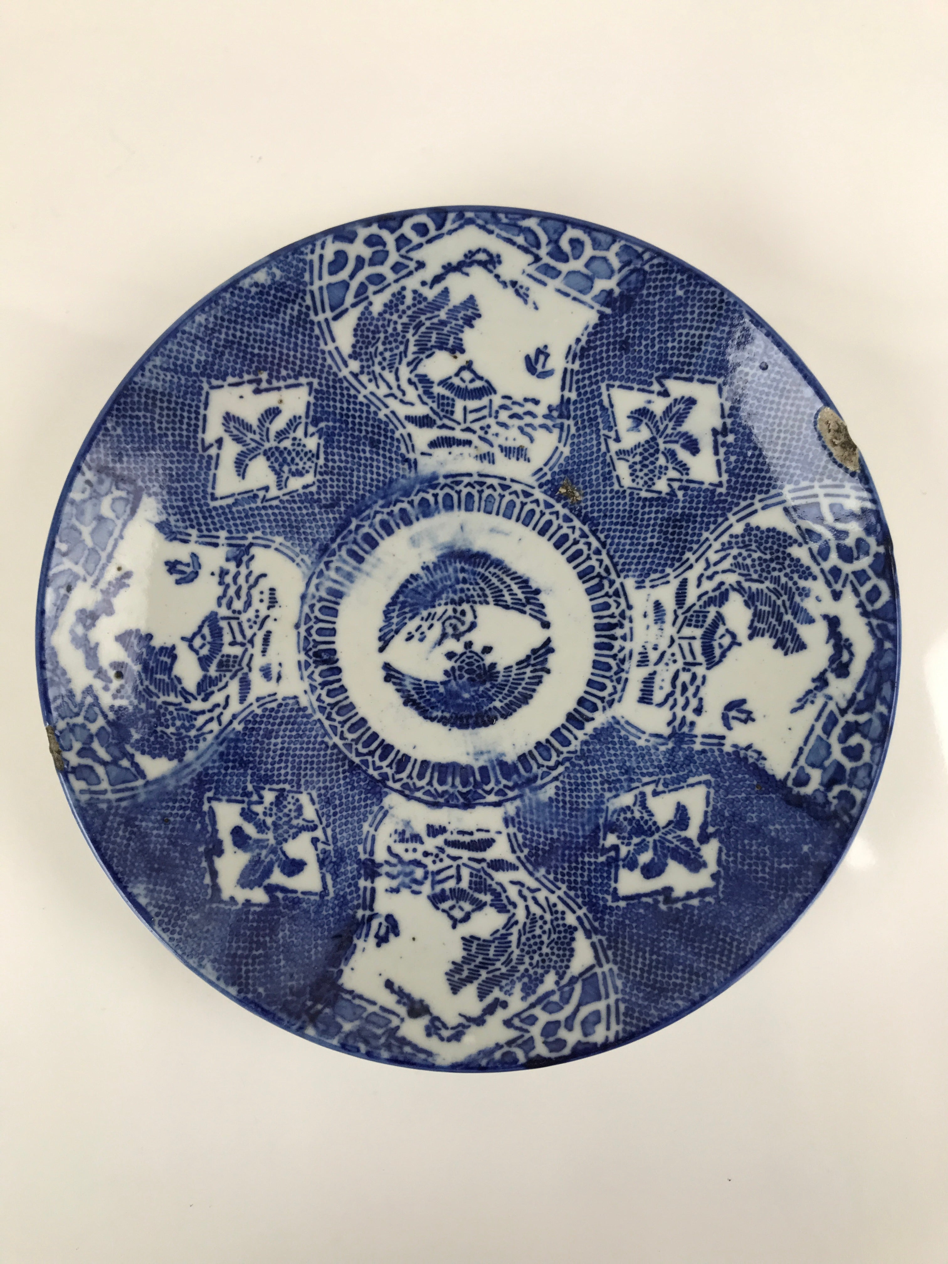 Antique Japanese Porcelain Sometsuke Plate Blue White Village Turtle Crane PY822