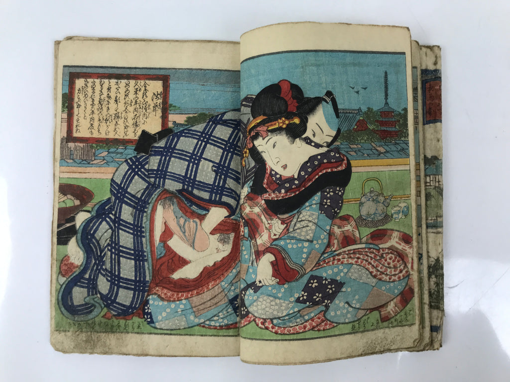 Antique Japanese Shunga Ukiyoe Erotic Art Book Woodblock Print Kimono Edo FL397