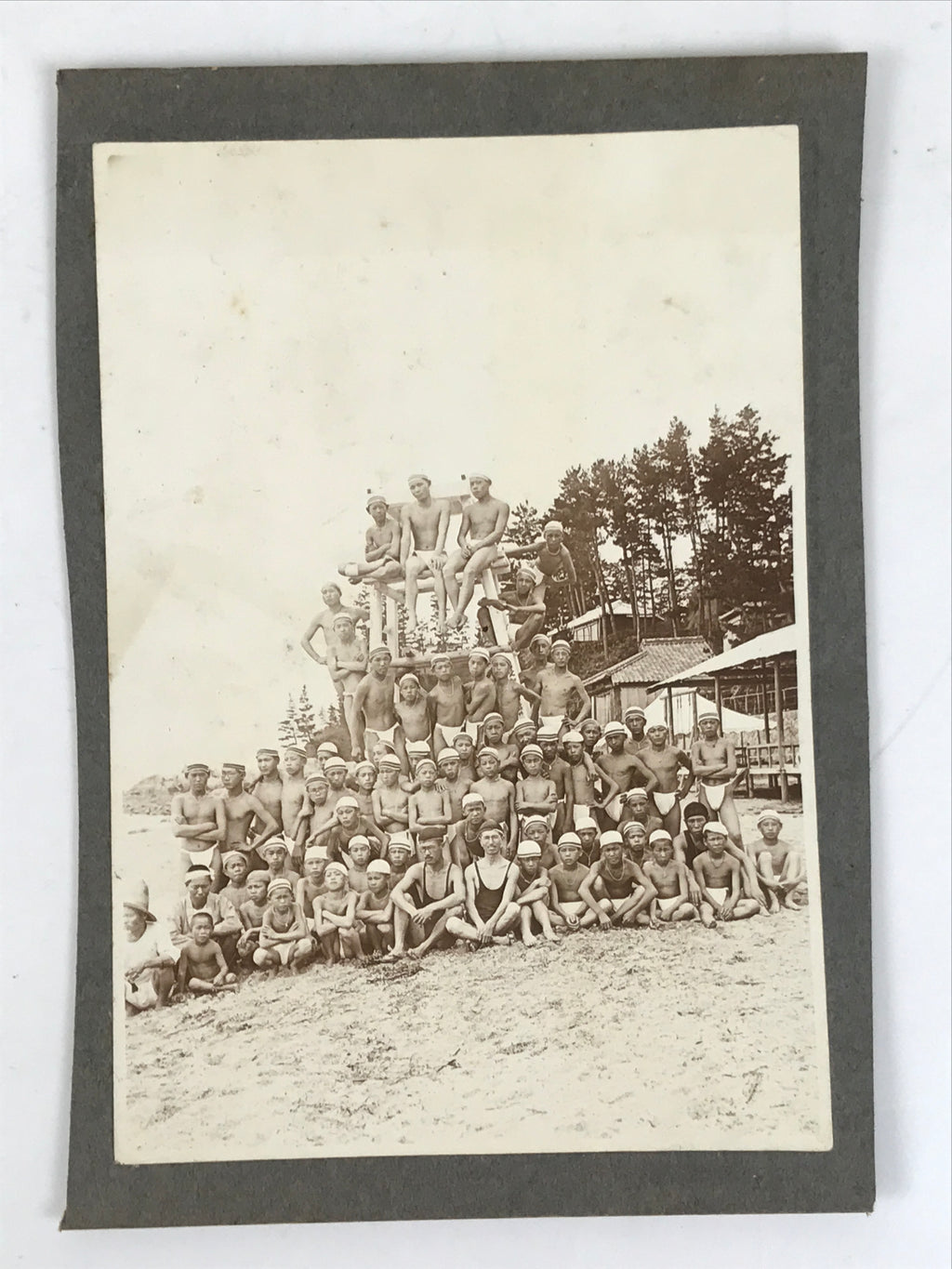 Antique Japanese Taisho Boys Summer Beach Photograph Group Black White PH29