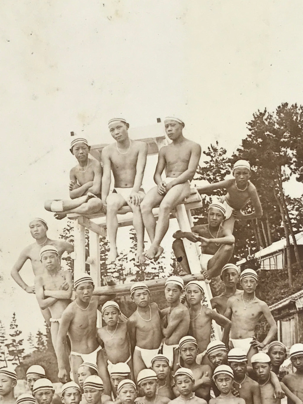 Antique Japanese Taisho Boys Summer Beach Photograph Group Black White PH29