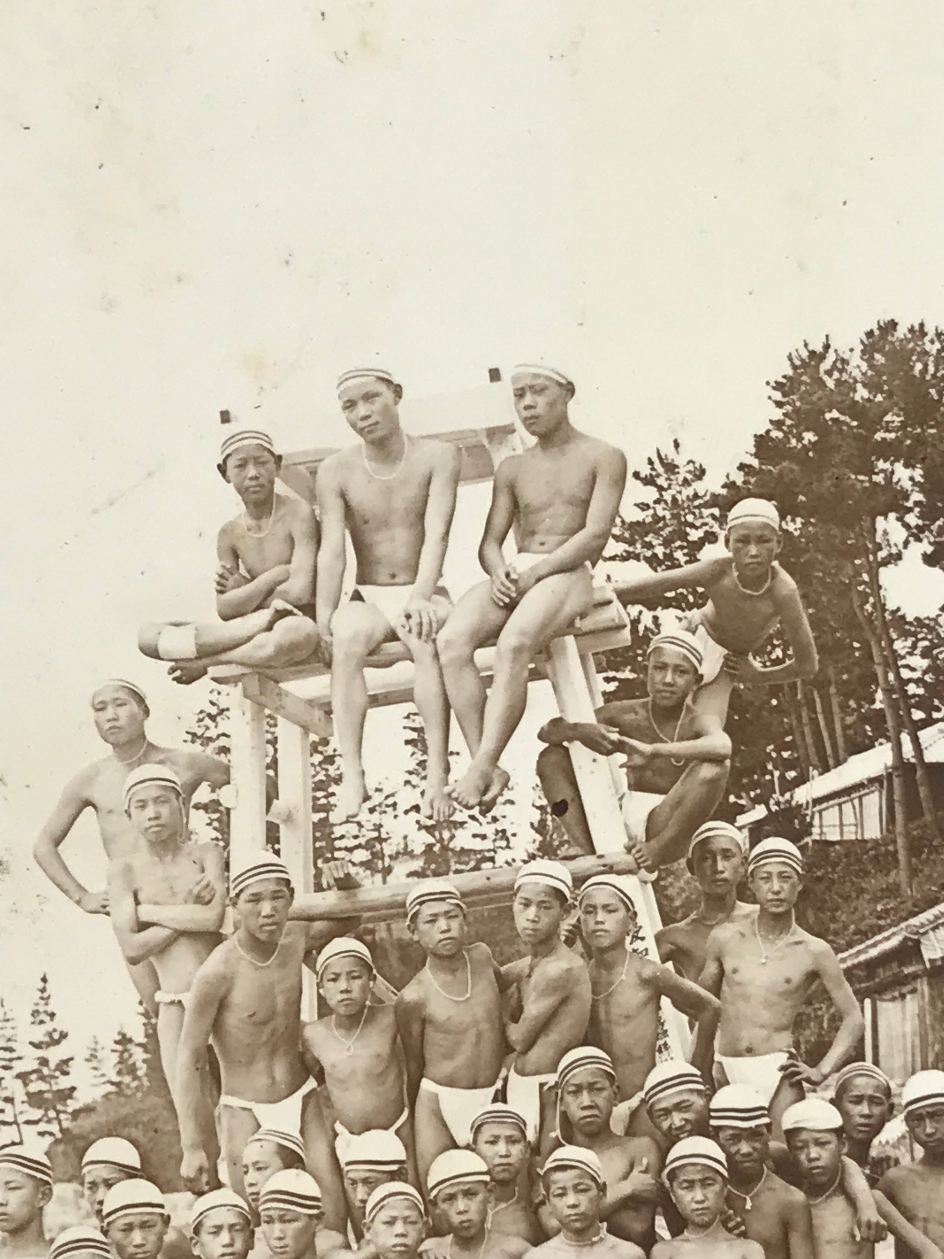 Antique Japanese Taisho Boys Summer Beach Photograph Group Black White PH29