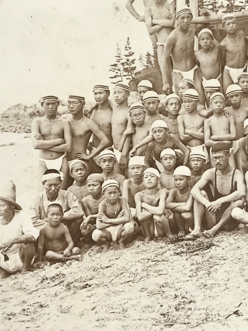 Antique Japanese Taisho Boys Summer Beach Photograph Group Black White PH29