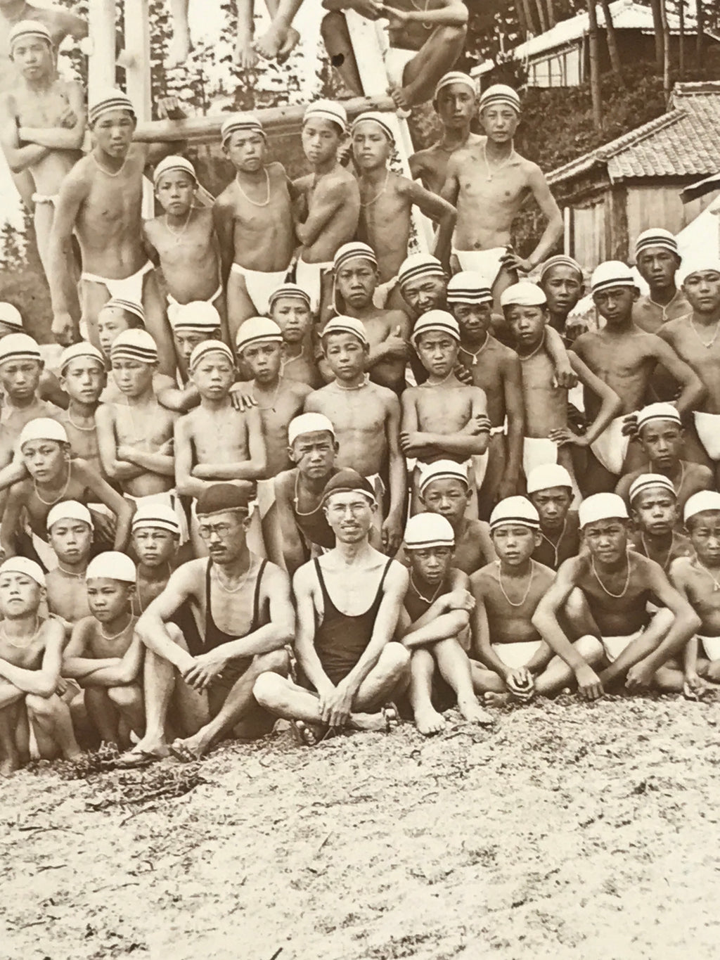 Antique Japanese Taisho Boys Summer Beach Photograph Group Black White PH29