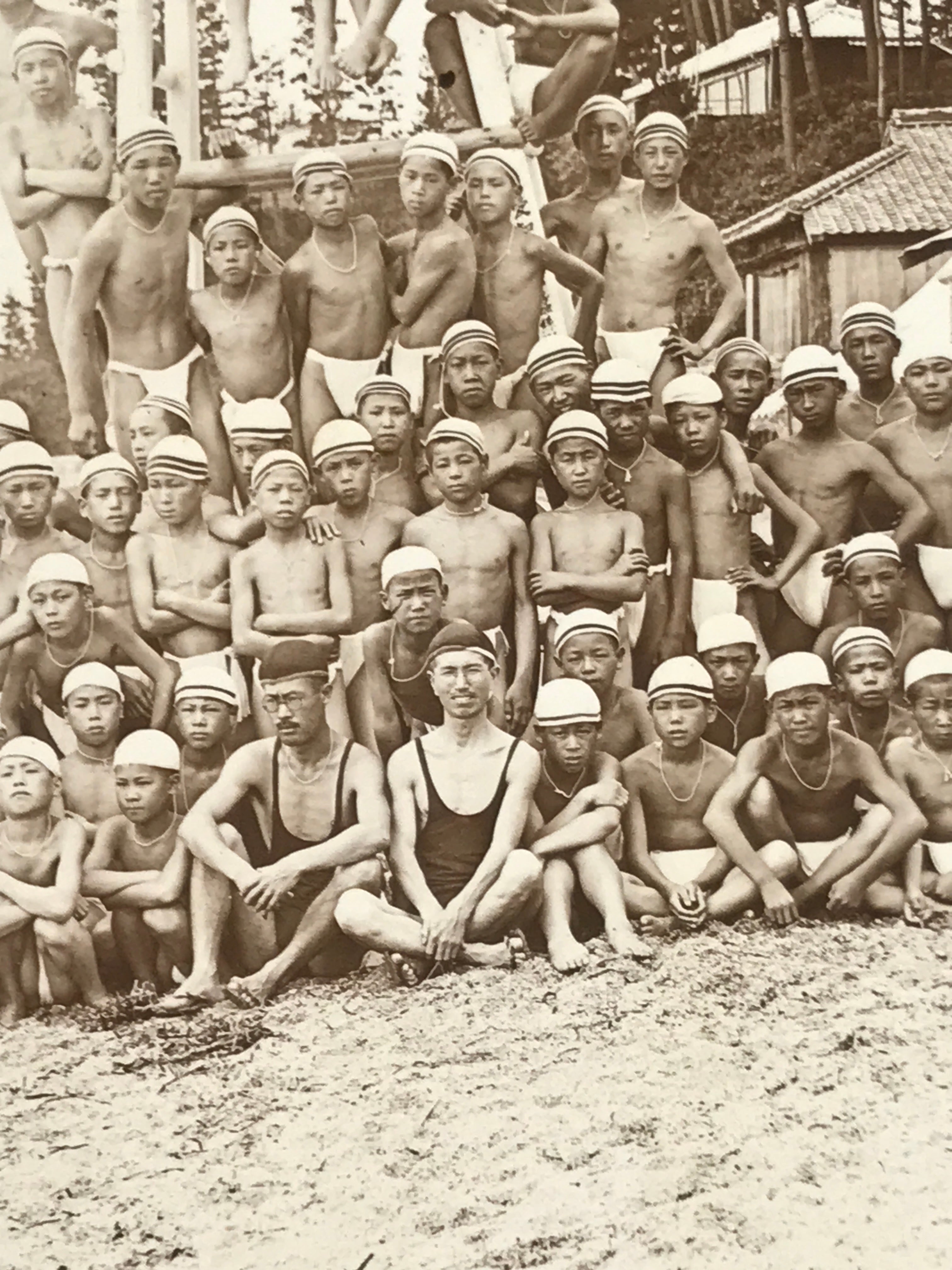 Antique Japanese Taisho Boys Summer Beach Photograph Group Black White PH29