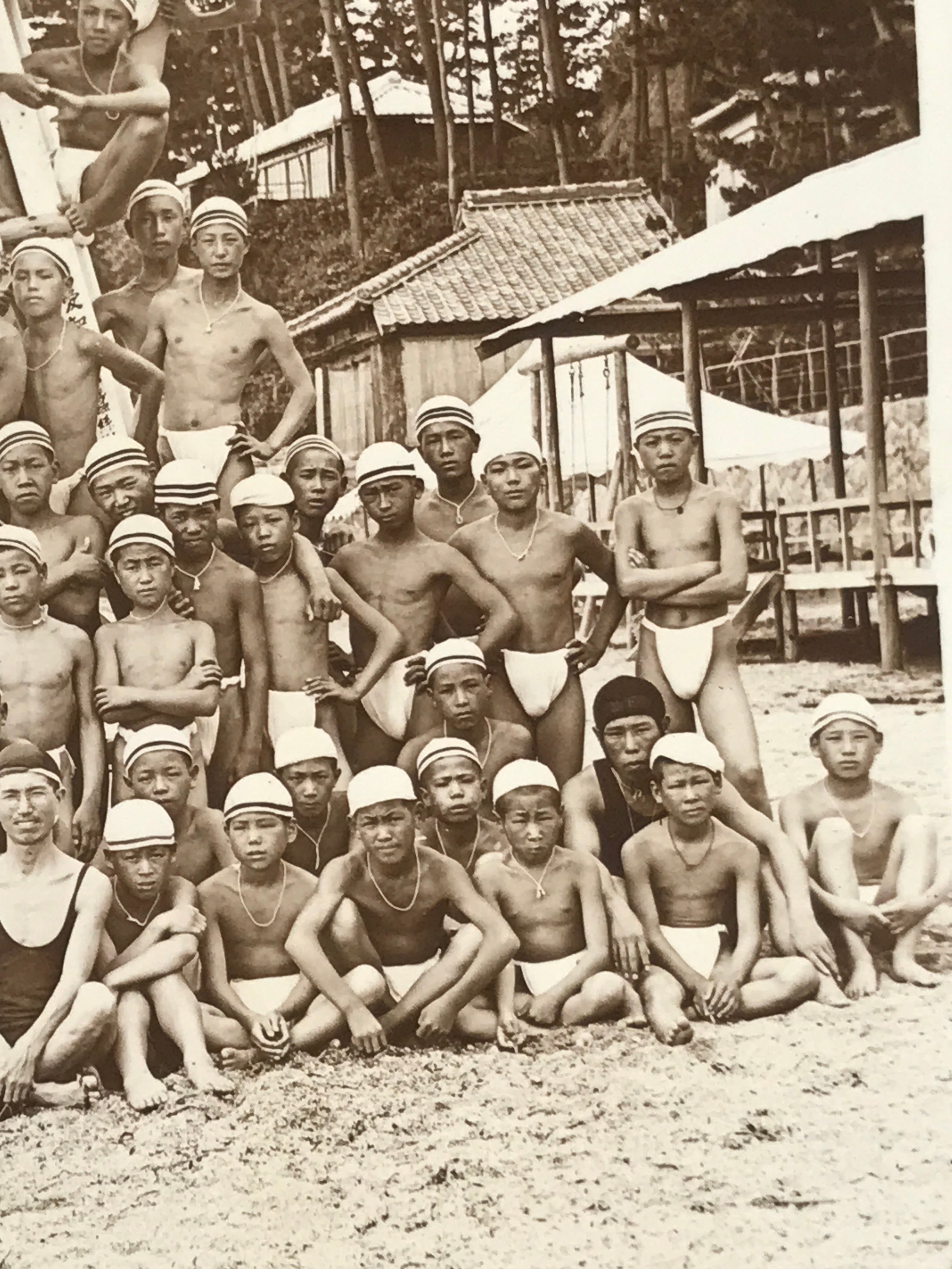 Antique Japanese Taisho Boys Summer Beach Photograph Group Black White PH29