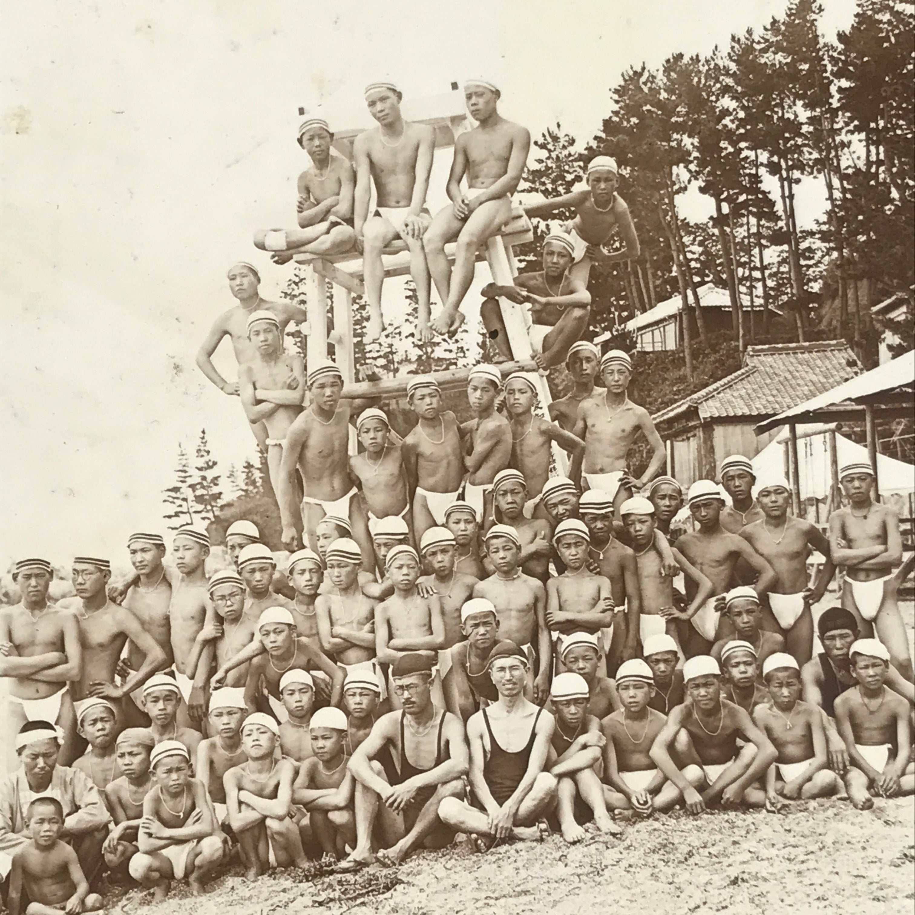 Antique Japanese Taisho Boys Summer Beach Photograph Group Black White PH29