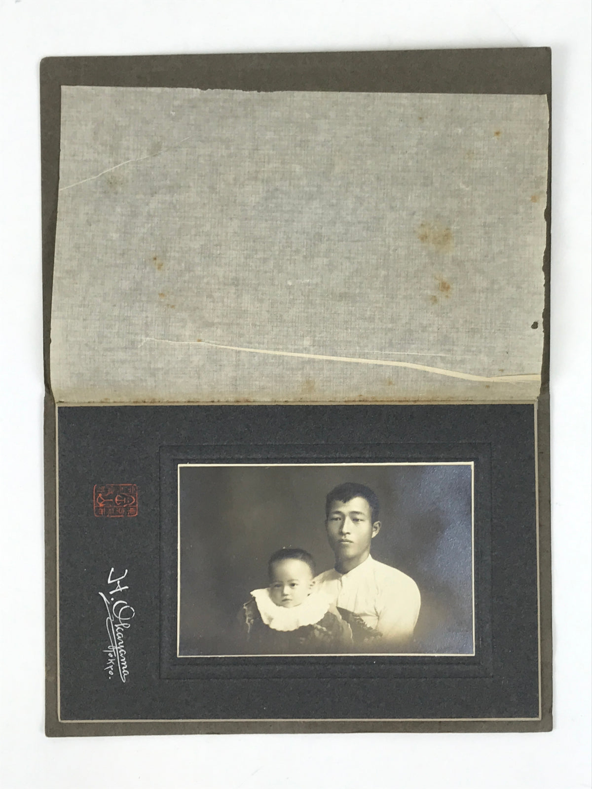 Antique Japanese Taisho Father Child Photograph Portrait Baby Black White PH38