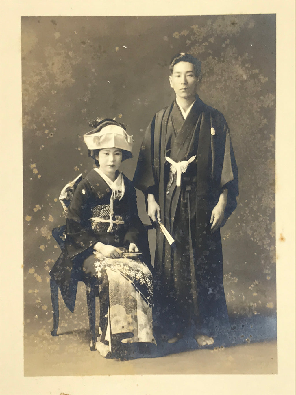 Antique Japanese Taisho Wedding Photograph Kimono Bride Groom Black White PH13