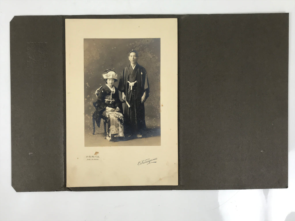 Antique Japanese Taisho Wedding Photograph Kimono Bride Groom Black White PH13