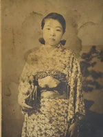 Antique Japanese Taisho Young Woman Portrait Photograph Kimono Sepia Tone PH267