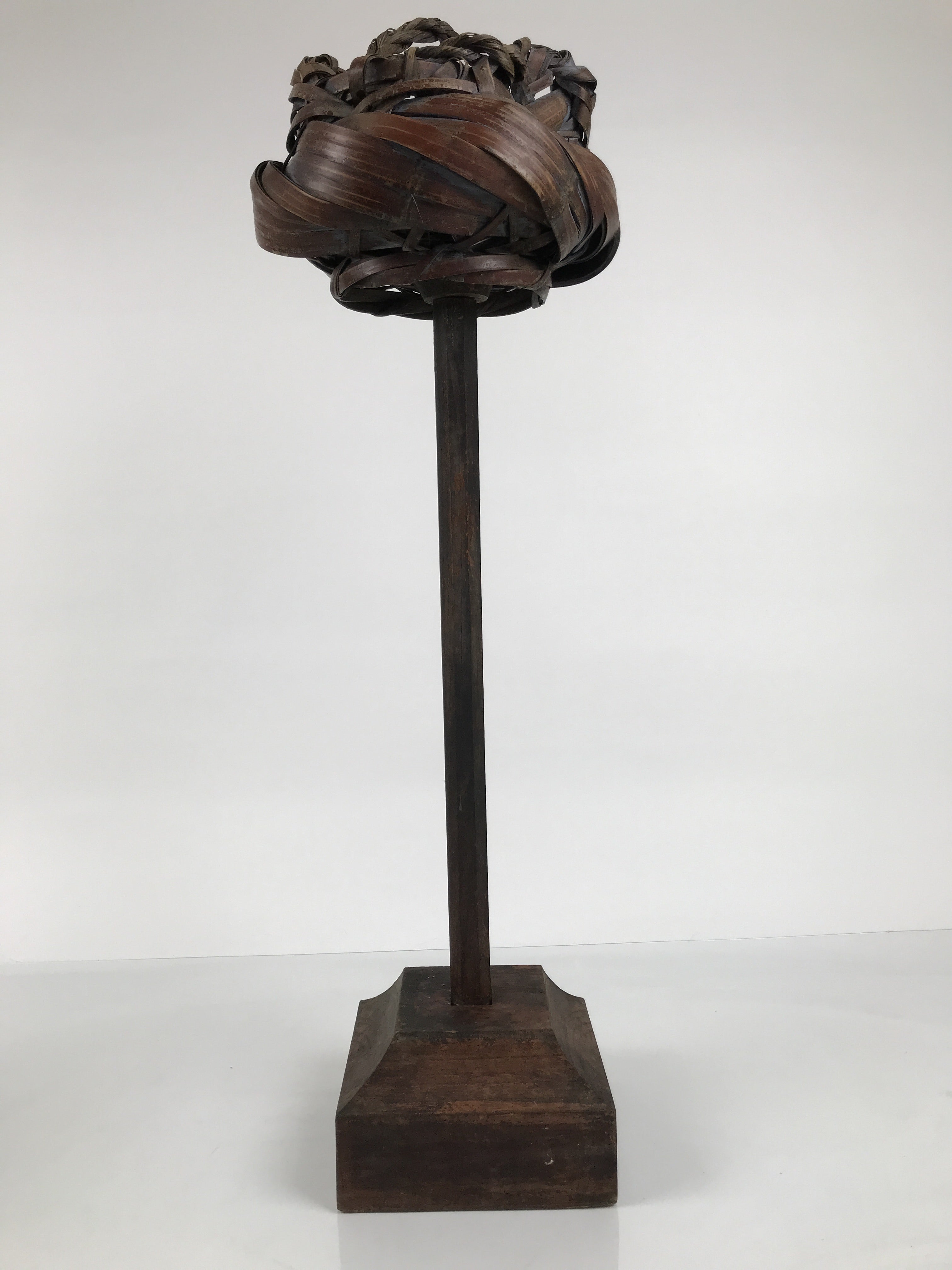 Antique Japanese Wooden Candle Stand Shokudai Woven Basket Metal Cup JK937