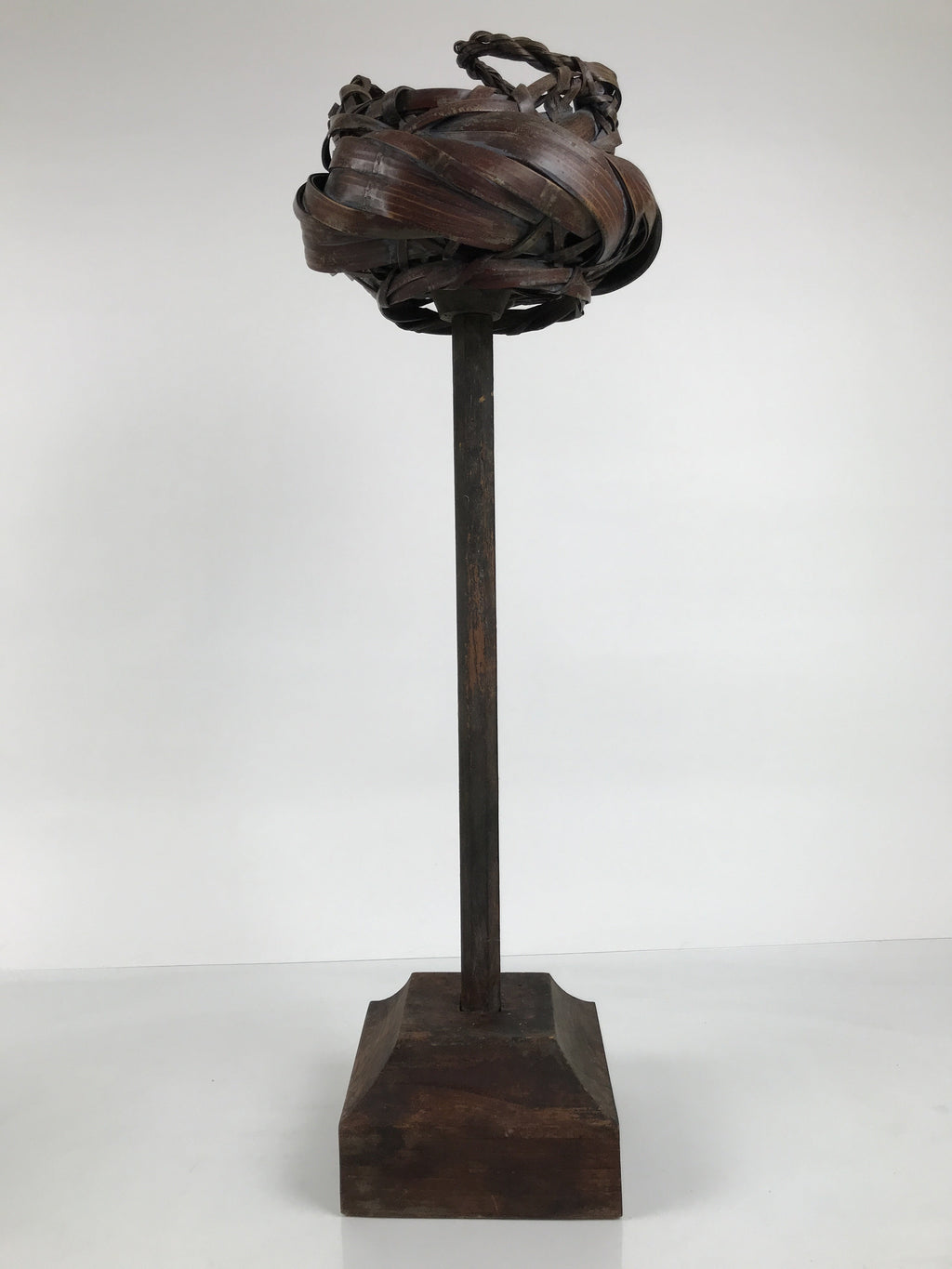 Antique Japanese Wooden Candle Stand Shokudai Woven Basket Metal Cup JK937