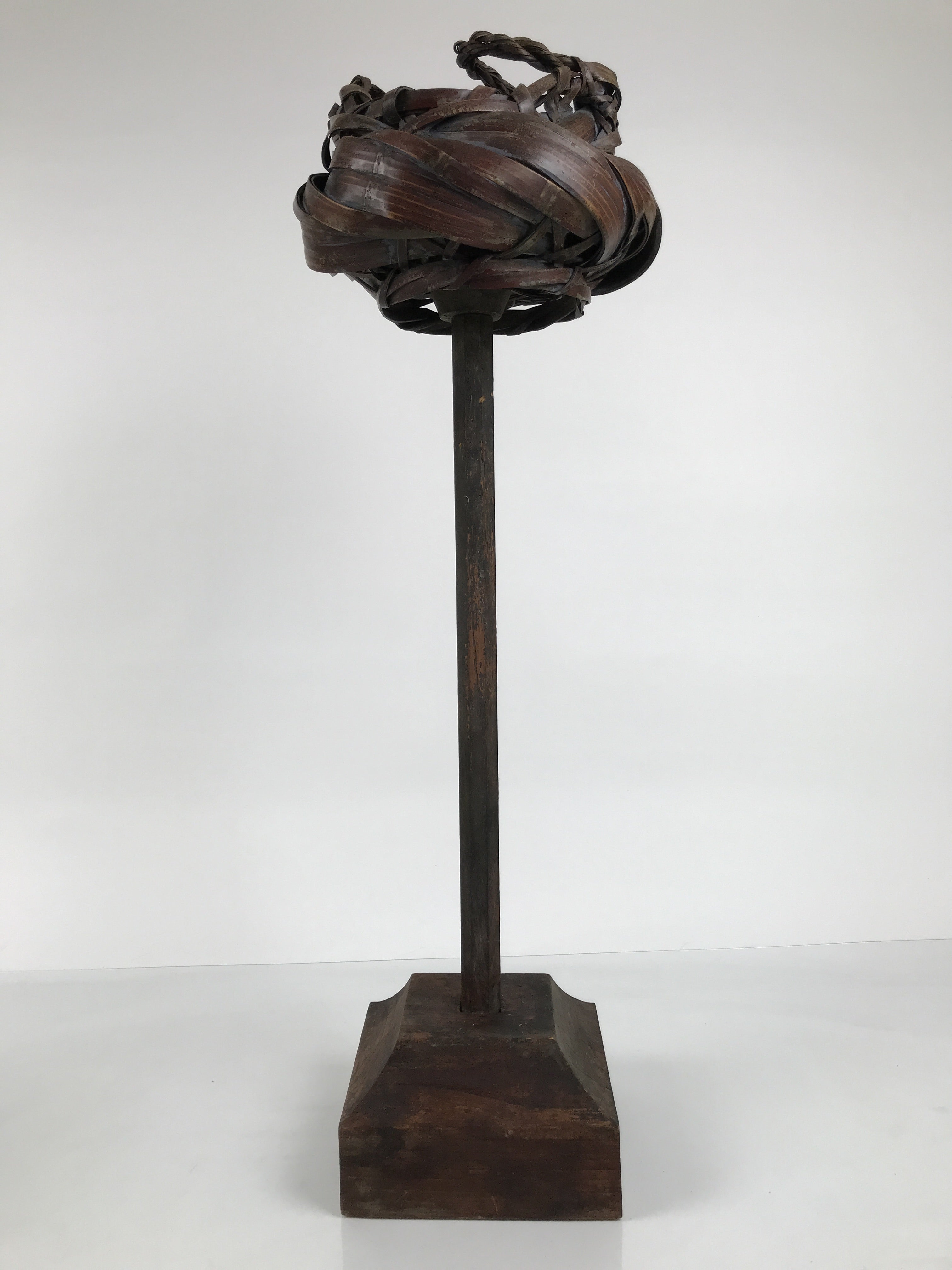 Antique Japanese Wooden Candle Stand Shokudai Woven Basket Metal Cup JK937