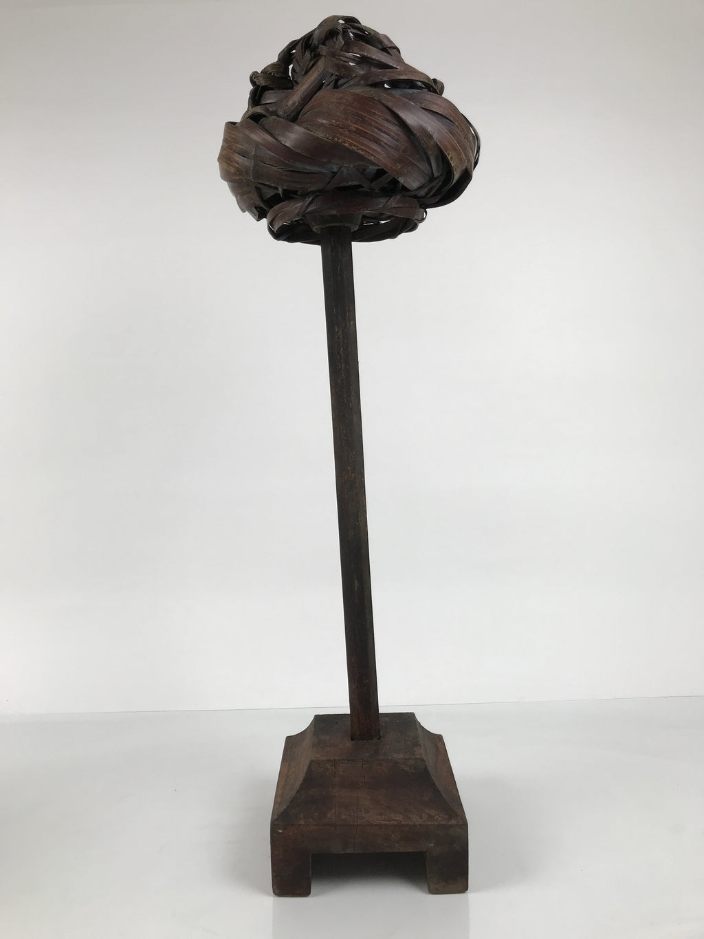 Antique Japanese Wooden Candle Stand Shokudai Woven Basket Metal Cup JK937
