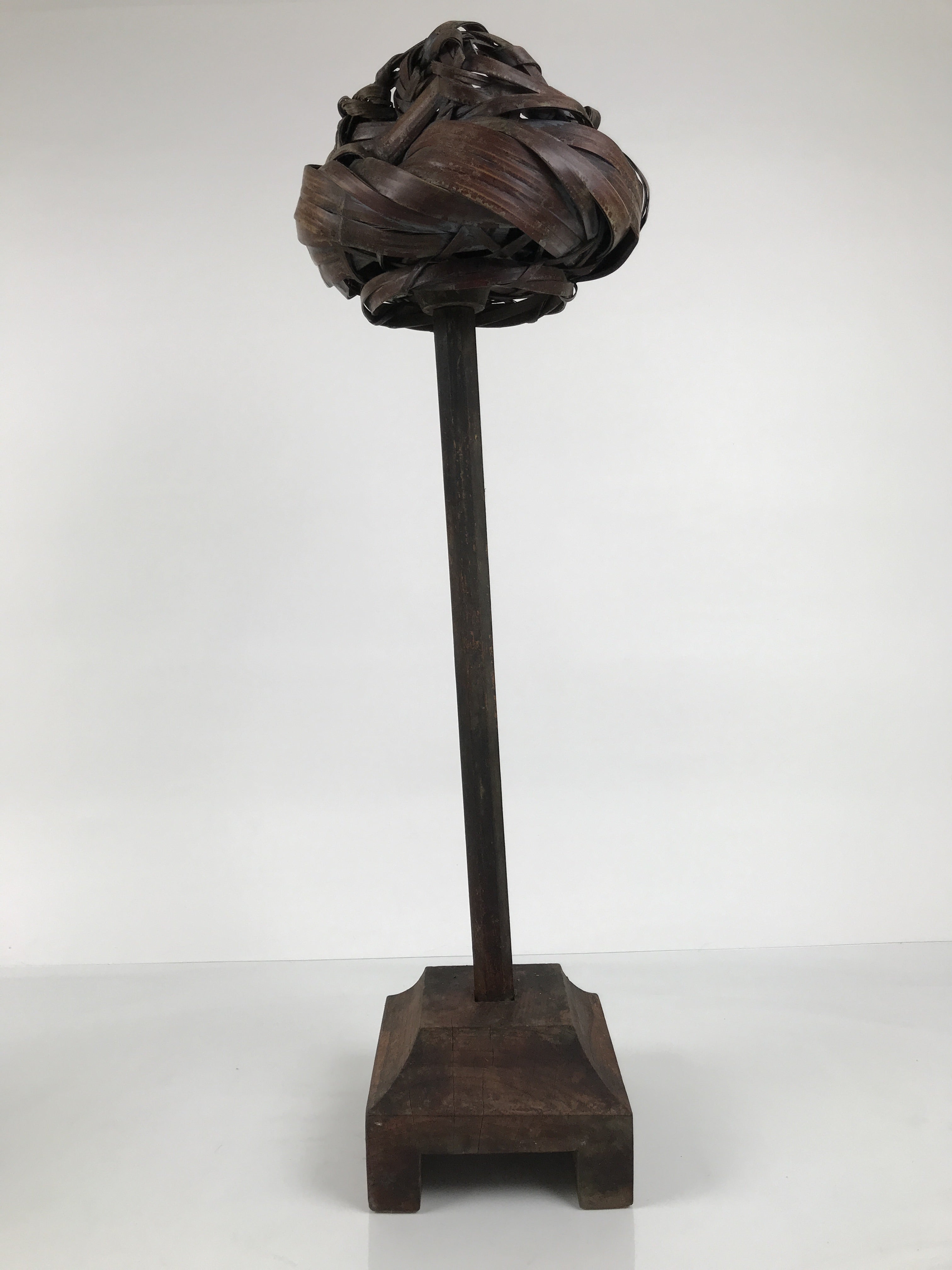 Antique Japanese Wooden Candle Stand Shokudai Woven Basket Metal Cup JK937