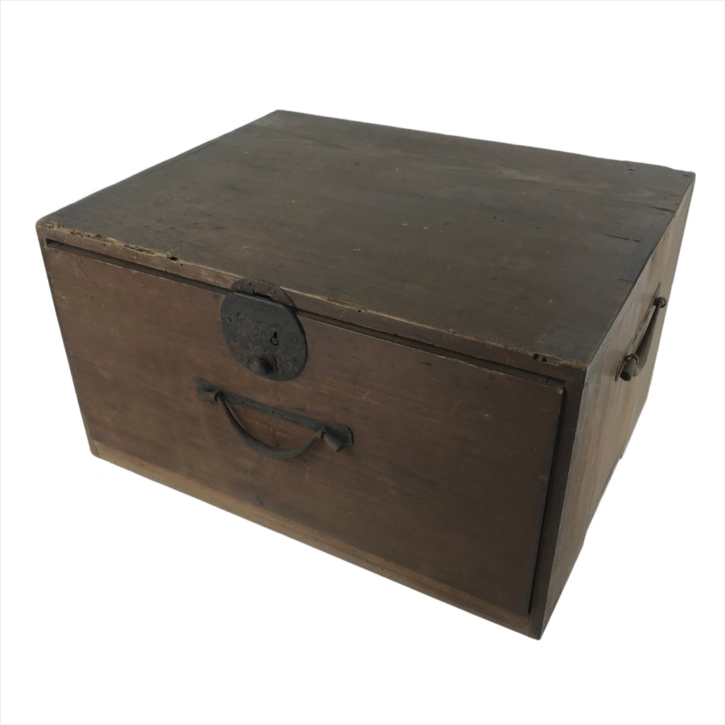Antique Japanese Wooden Storage Chest Vtg Large Lockbox Safe 1 Drawer Iron X103
