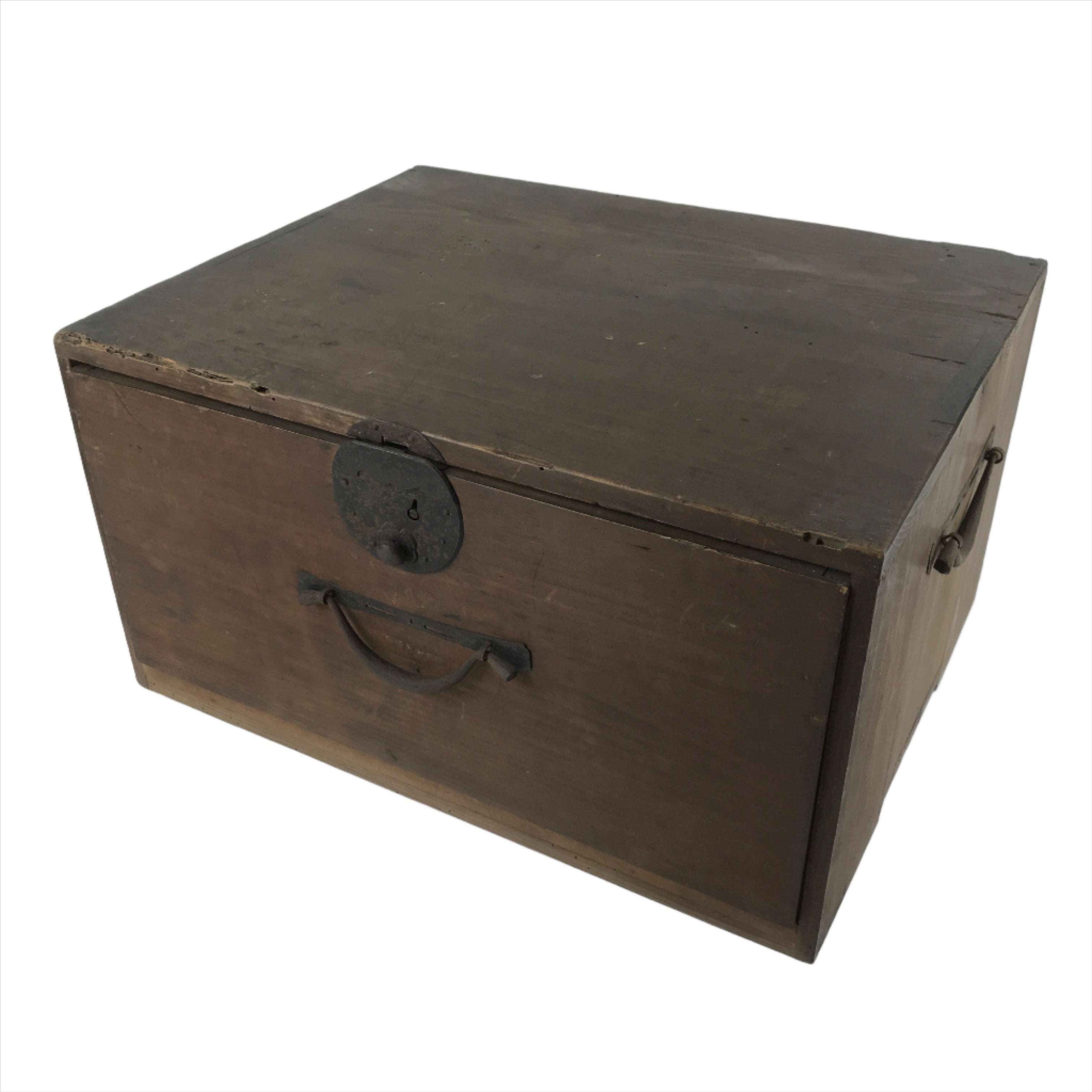 Antique Japanese Wooden Storage Chest Vtg Large Lockbox Safe 1 Drawer Iron X103