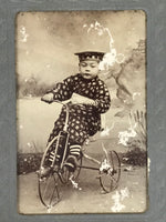 Antique Japanese Young Boy Portrait Photograph Child Tricycle Black White PH44
