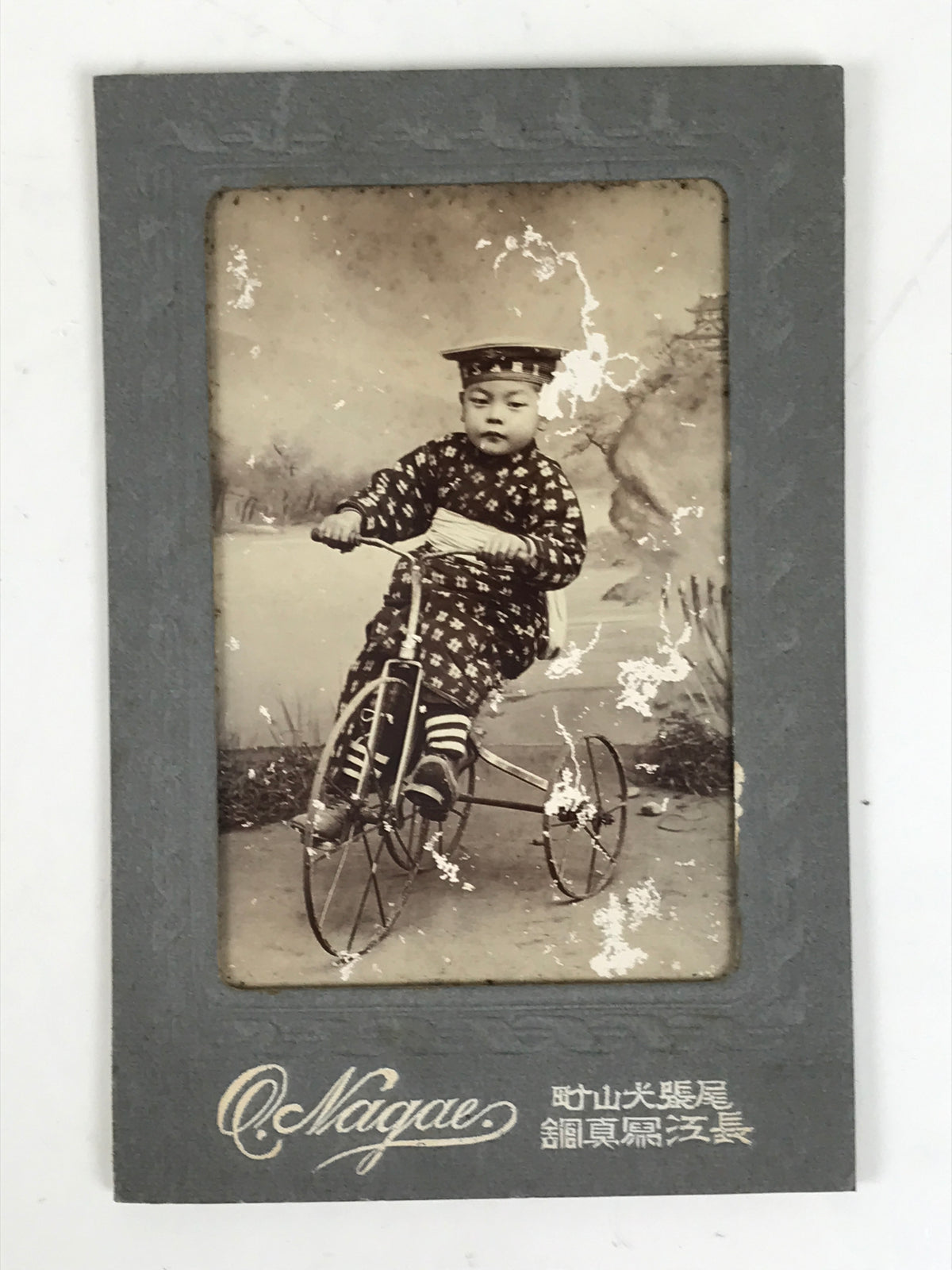 Antique Japanese Young Boy Portrait Photograph Child Tricycle Black White PH44