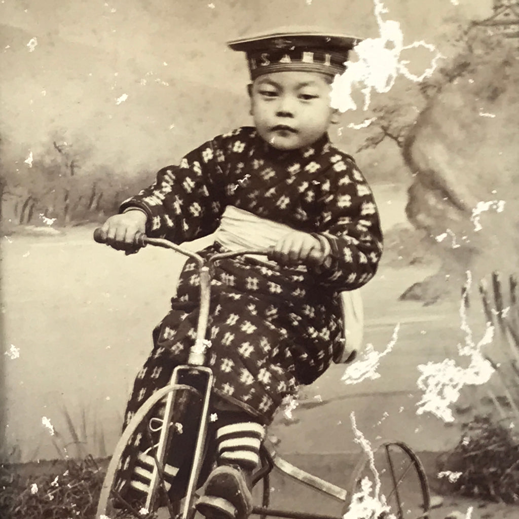 Antique Japanese Young Boy Portrait Photograph Child Tricycle Black White PH44