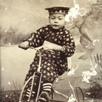 Antique Japanese Young Boy Portrait Photograph Child Tricycle Black White PH44