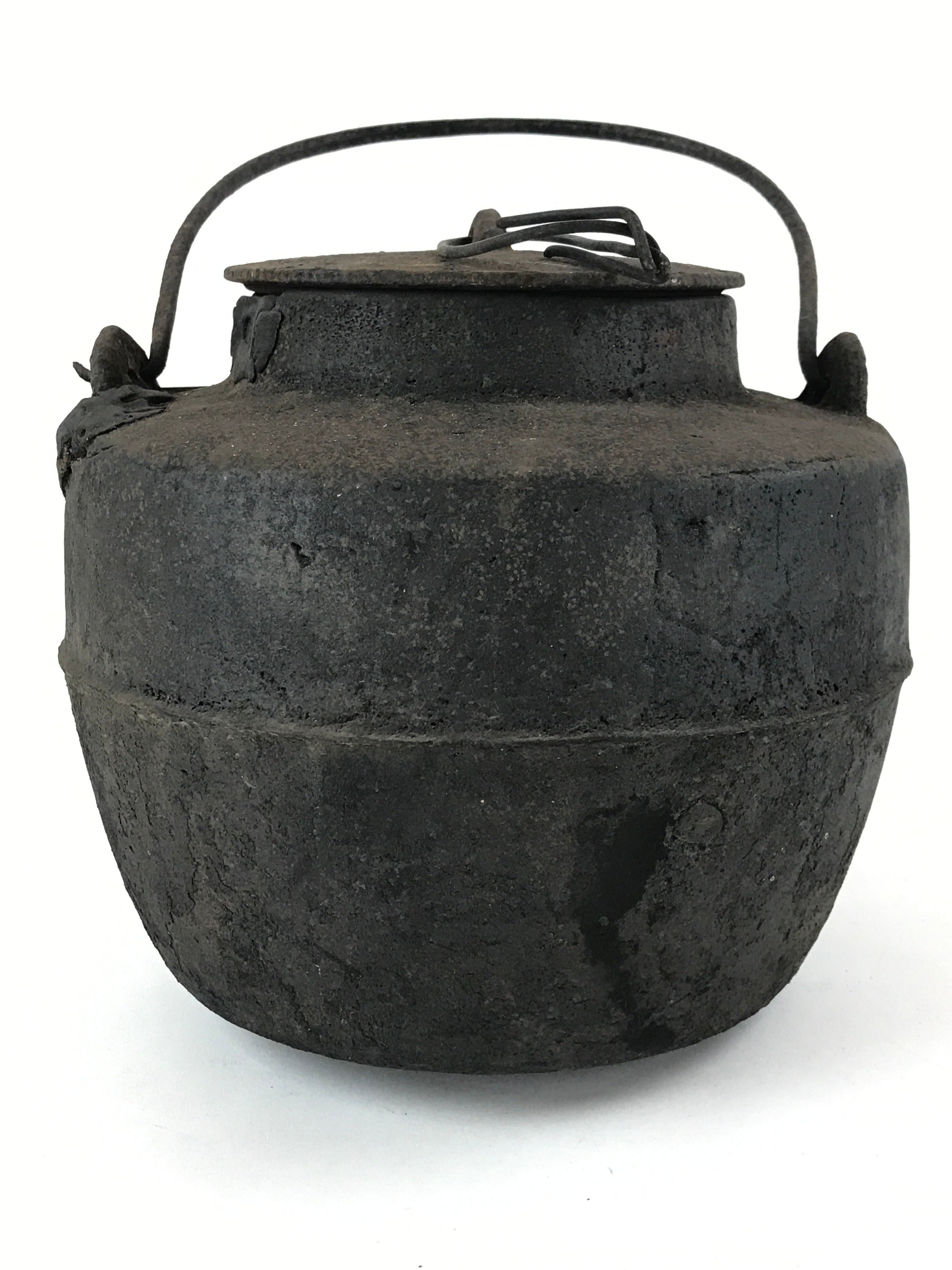 Antique Meiji Era Japanese Cast Iron Hanging Cook Pot Black Irori Hearth C25