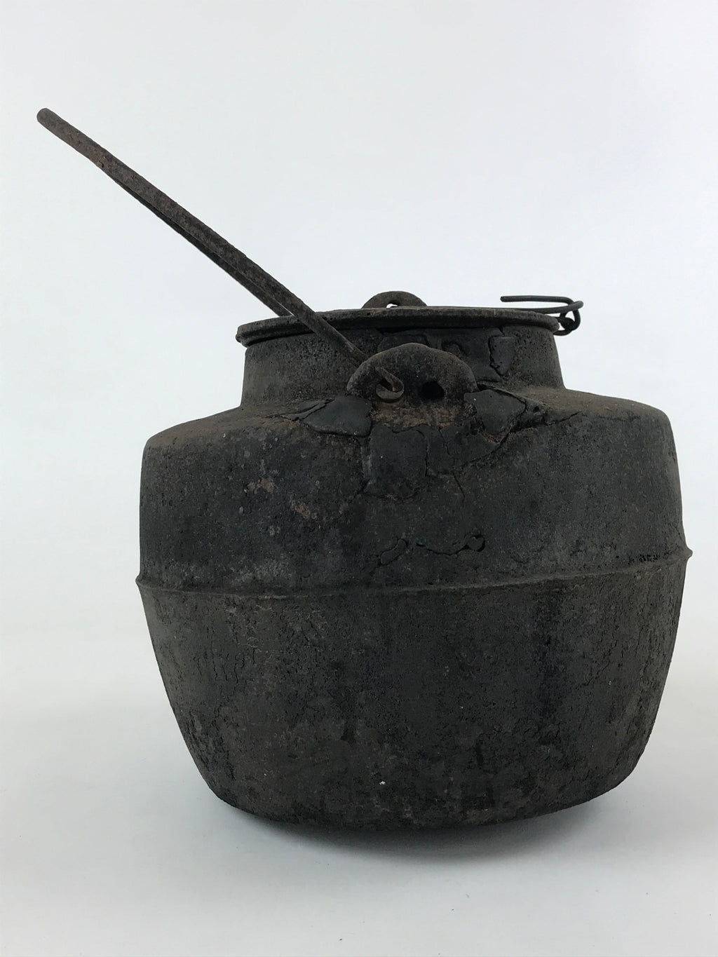Antique Meiji Era Japanese Cast Iron Hanging Cook Pot Black Irori Hearth C25