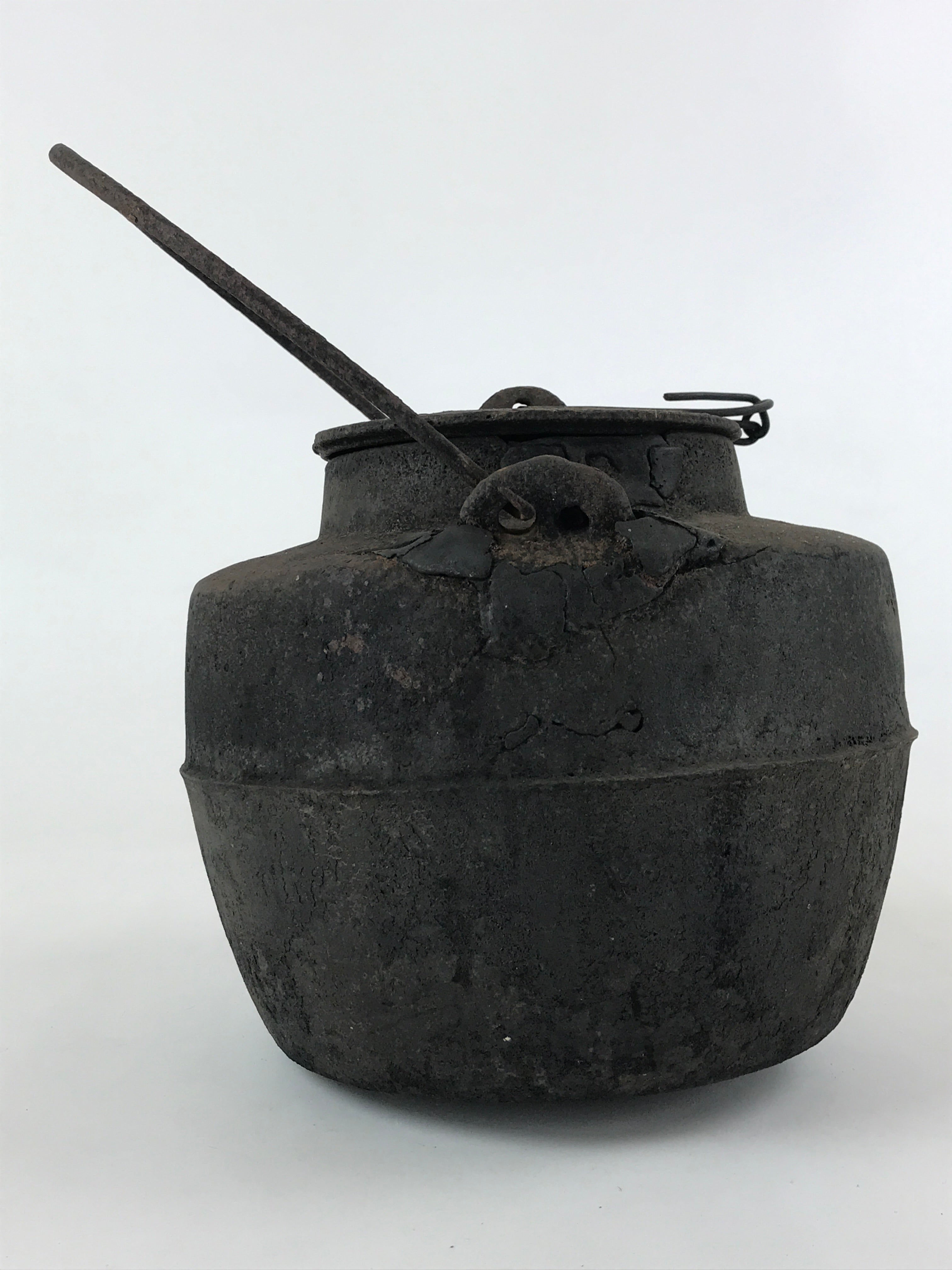Antique Meiji Era Japanese Cast Iron Hanging Cook Pot Black Irori Hearth C25