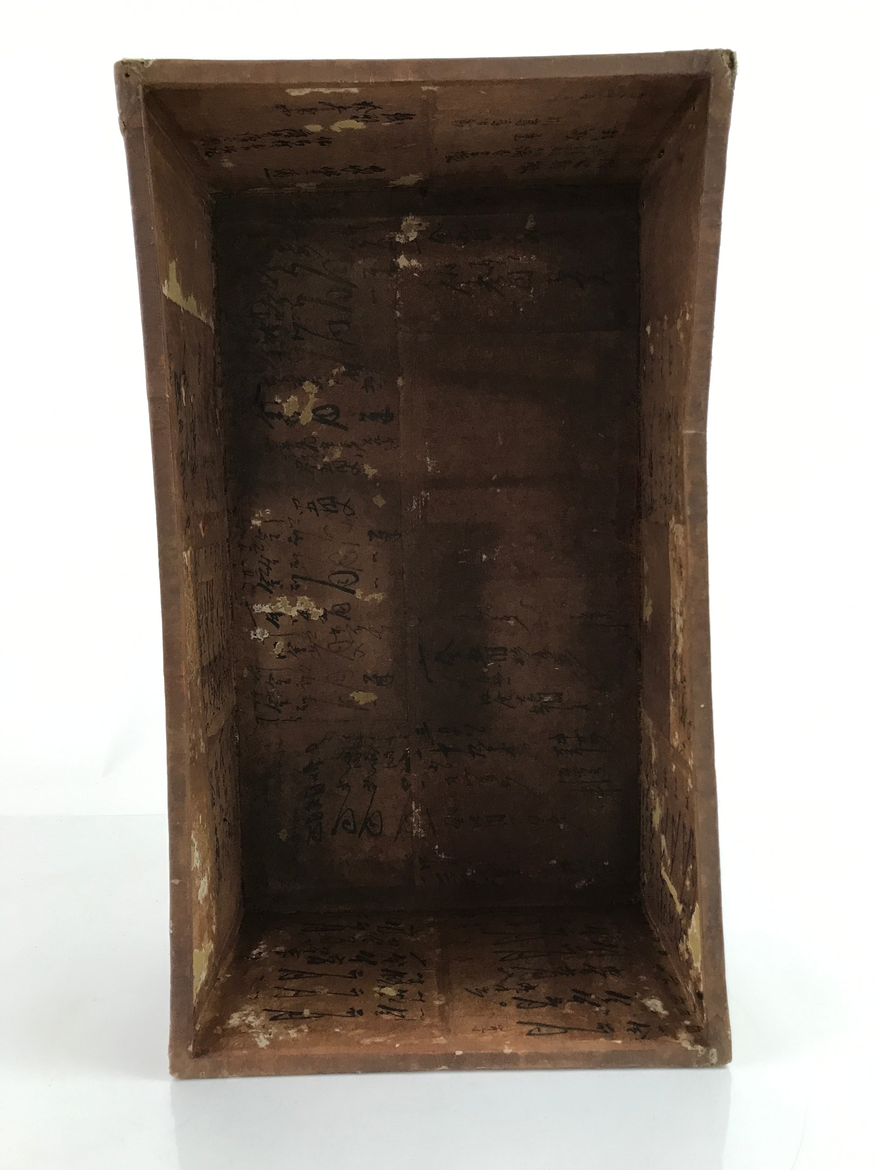 Antique Taisho Japanese Paper Mache Storage Box Hariko Craft Kanji Brown JK709