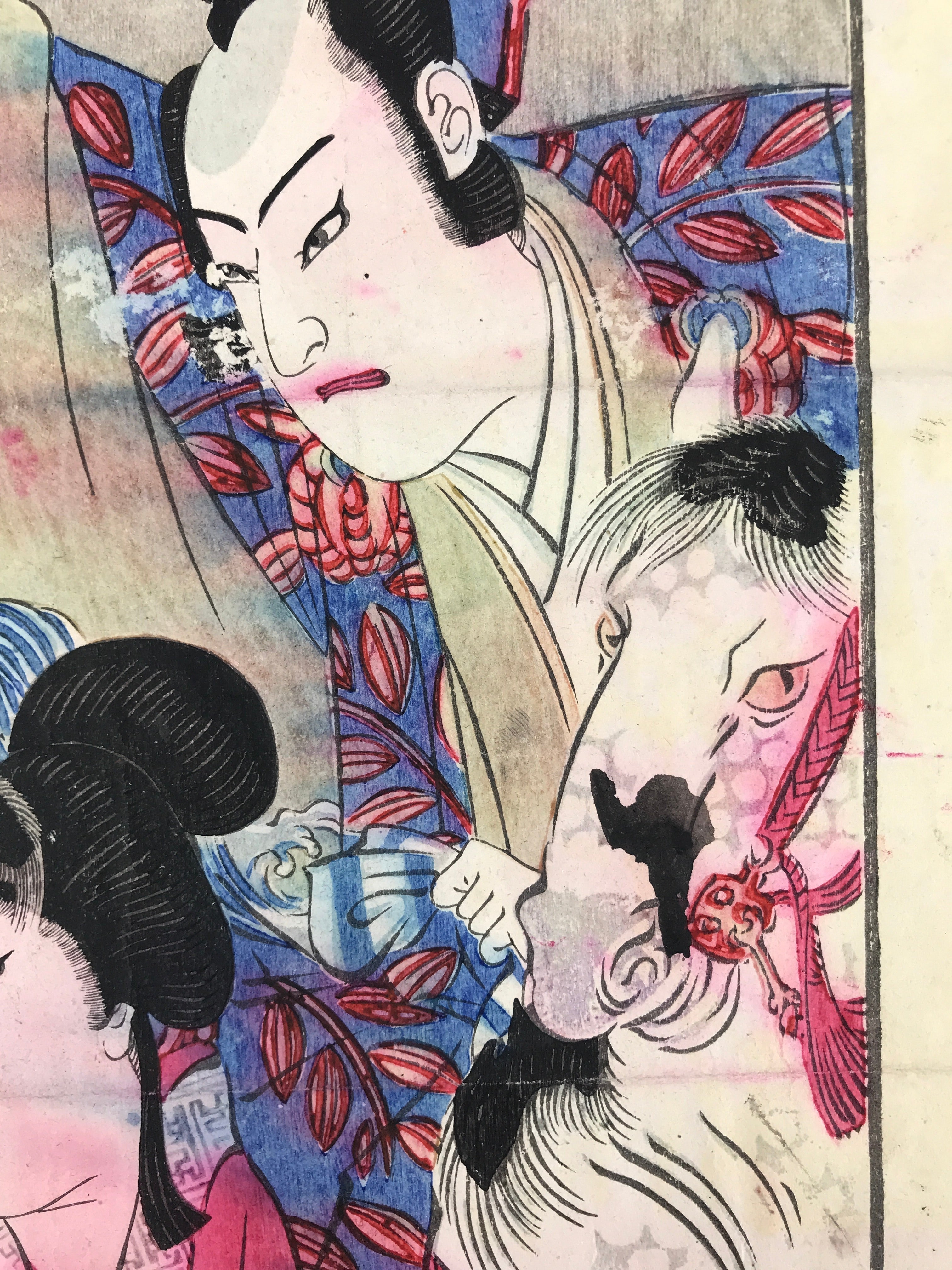 Antique c1880 Japanese Hanga Print Kabuki Poster Mumobikidaki Actors FL222