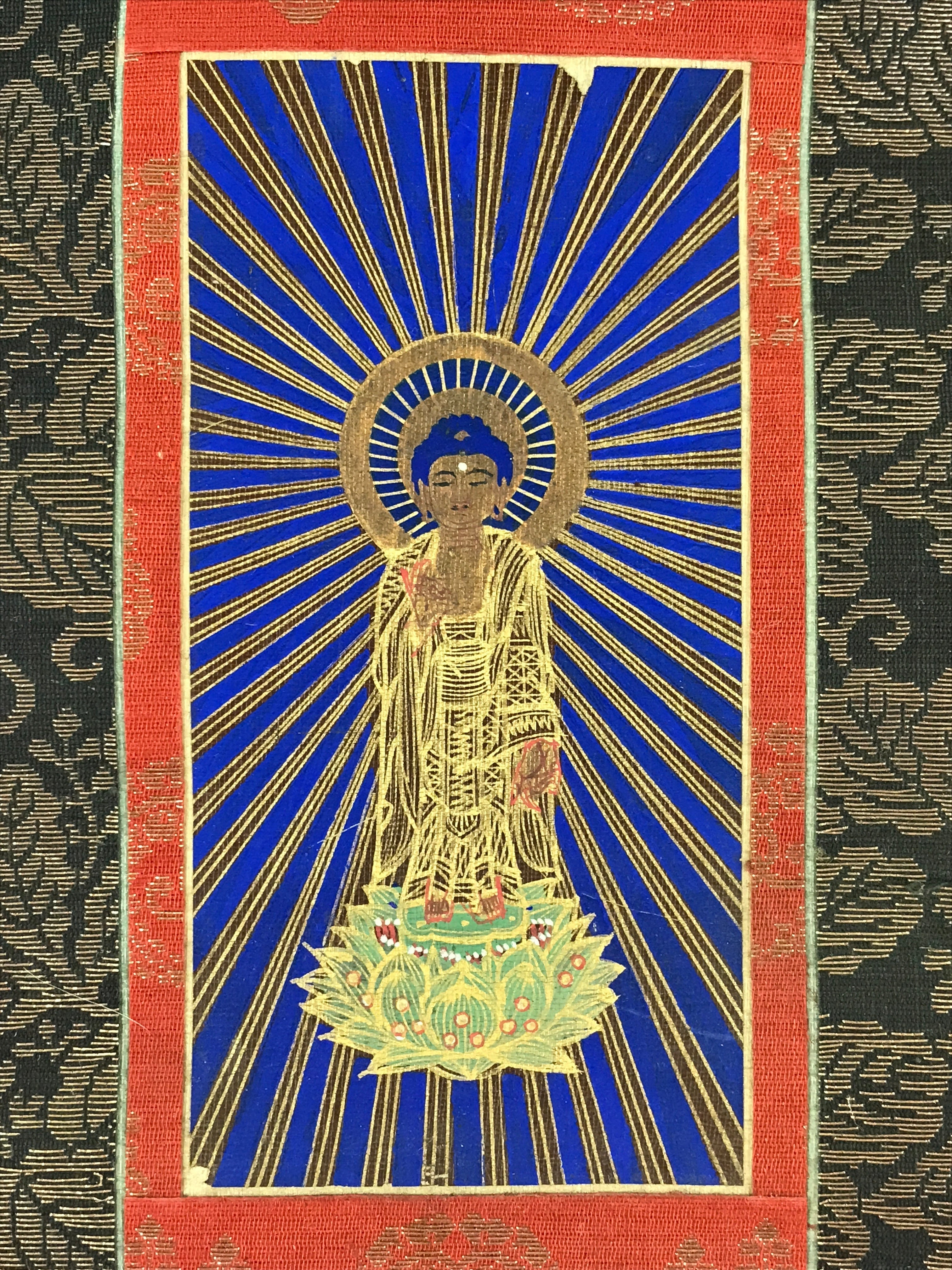 Buddhist Altar Fitting Amida Buddha Fabric Scroll Vtg Gold Red Gohonzon BA172