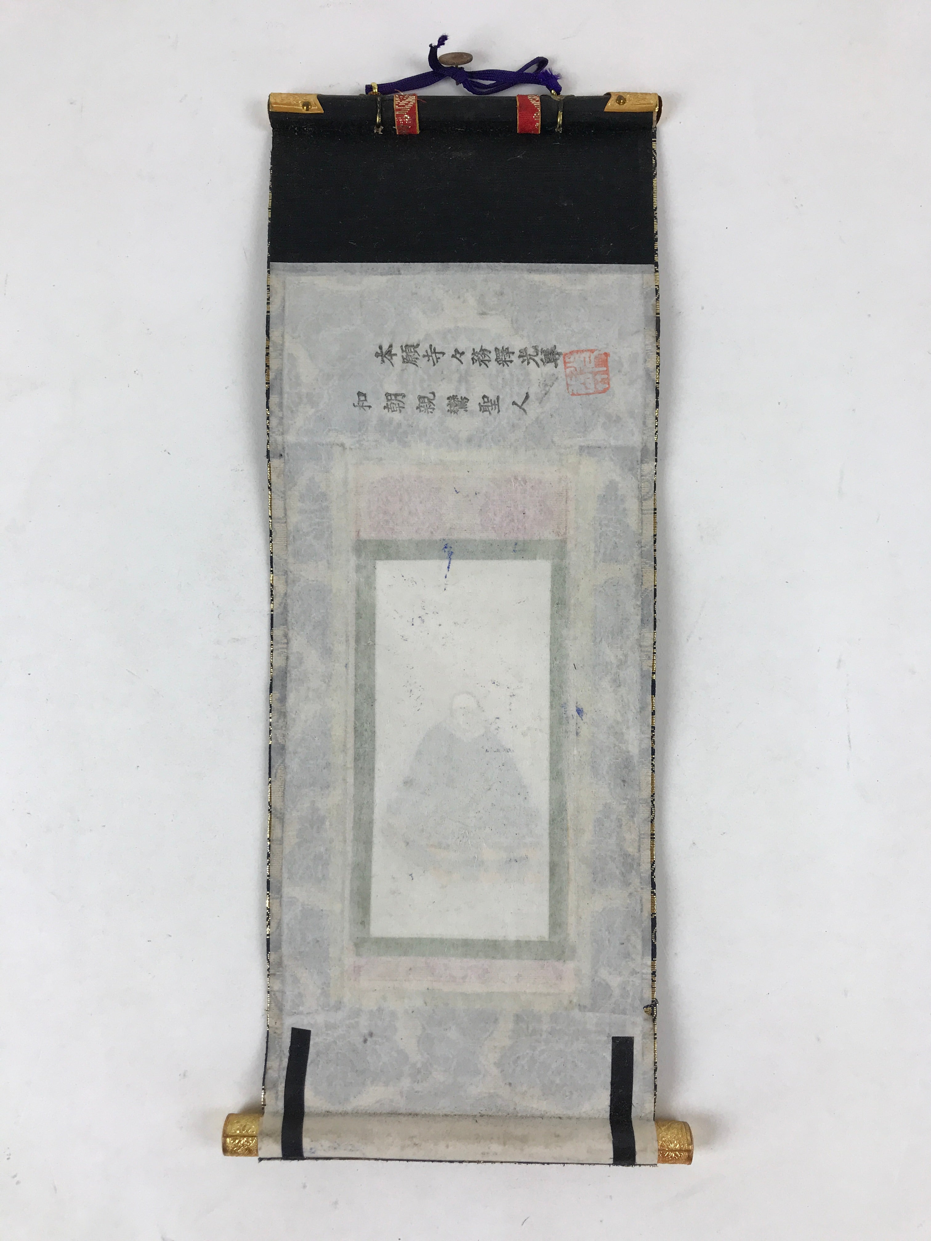 Buddhist Altar Fitting Shinran Monk Fabric Scroll Vtg Gold Red Owakigake BA174
