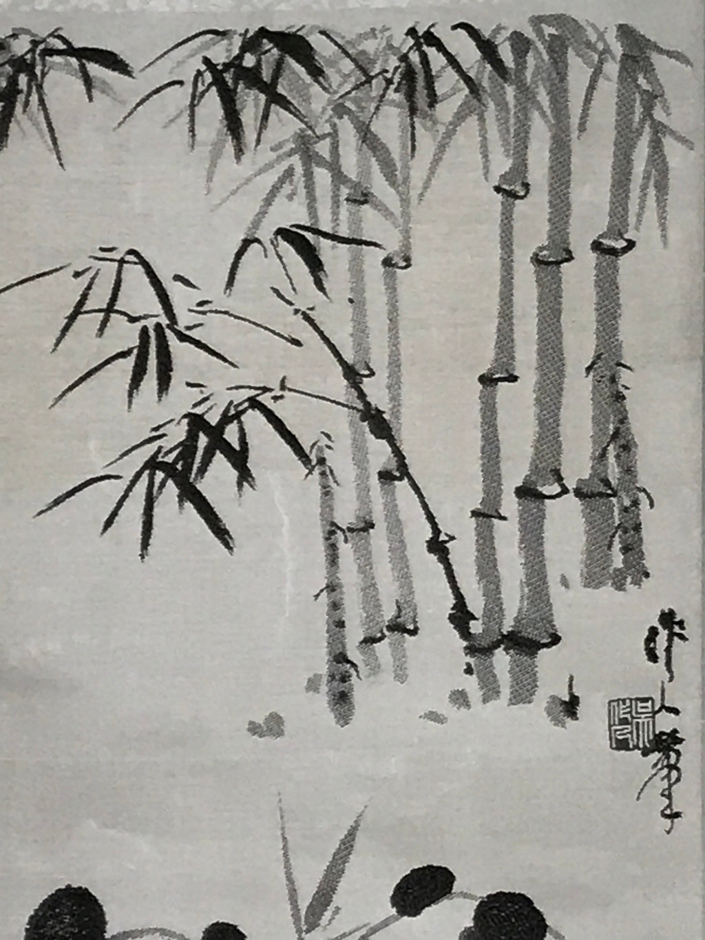 Chinese Boxed Hanging Scroll Vtg 2 Pandas Playing Monochrome Fabric SC965