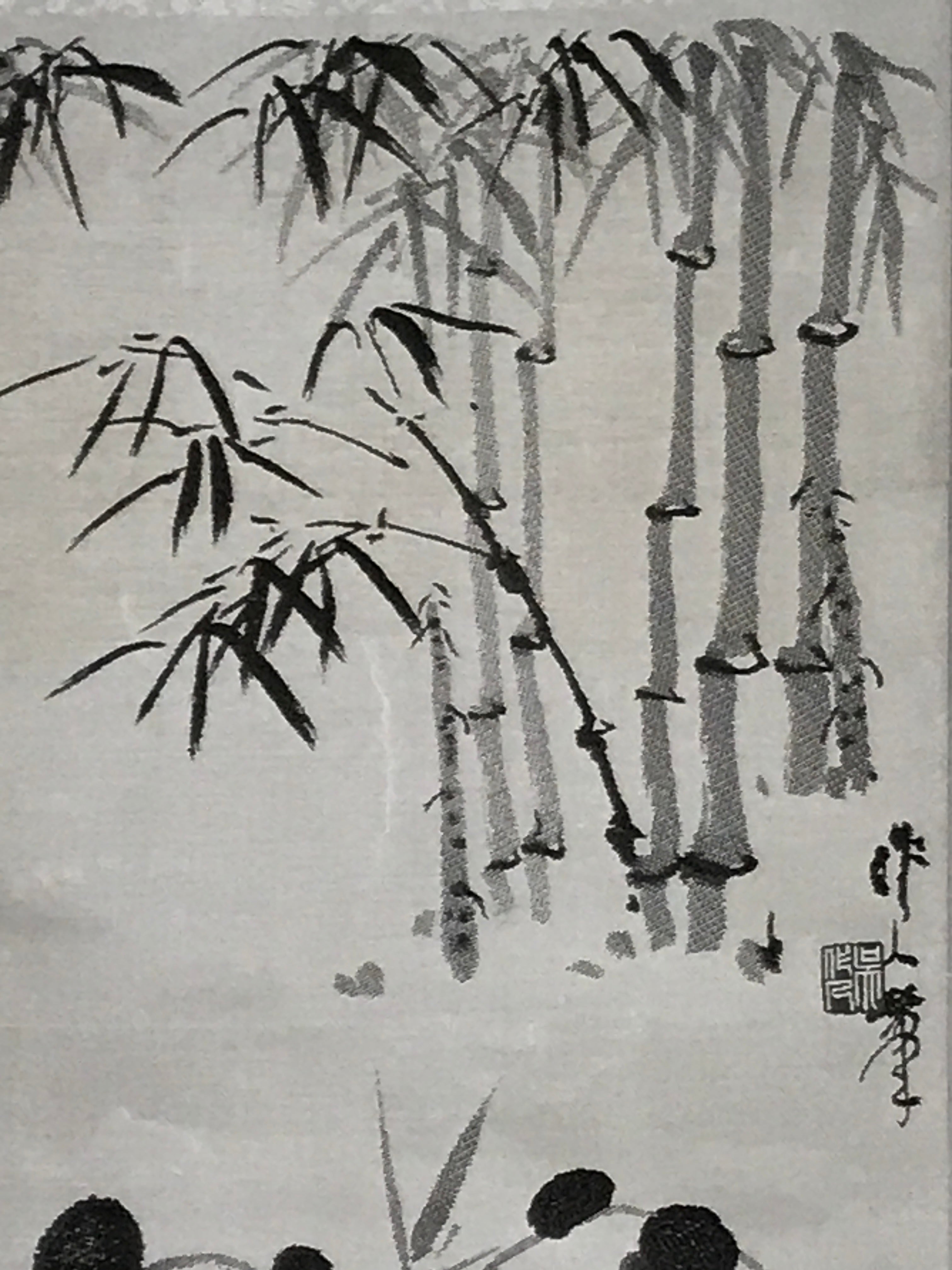 Chinese Boxed Hanging Scroll Vtg 2 Pandas Playing Monochrome Fabric SC965