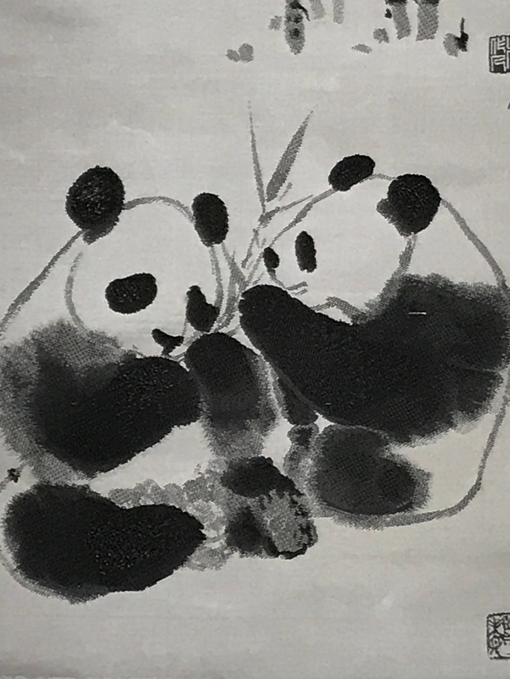 Chinese Boxed Hanging Scroll Vtg 2 Pandas Playing Monochrome Fabric SC965