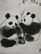 Chinese Boxed Hanging Scroll Vtg 2 Pandas Playing Monochrome Fabric SC965