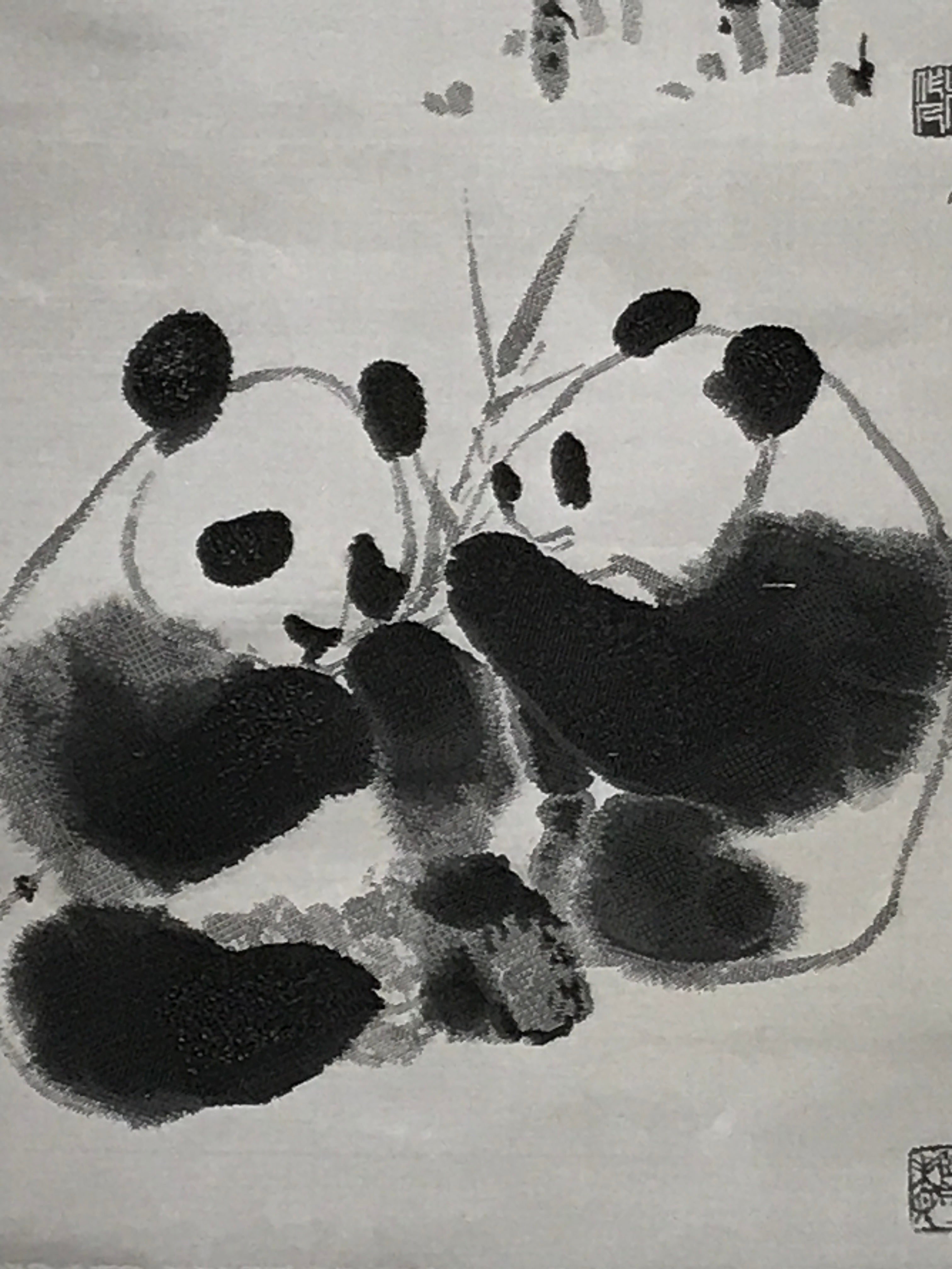 Chinese Boxed Hanging Scroll Vtg 2 Pandas Playing Monochrome Fabric SC965