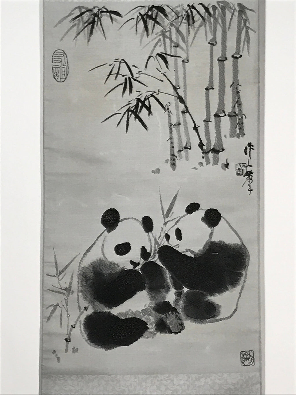 Chinese Boxed Hanging Scroll Vtg 2 Pandas Playing Monochrome Fabric SC965
