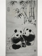 Chinese Boxed Hanging Scroll Vtg 2 Pandas Playing Monochrome Fabric SC965