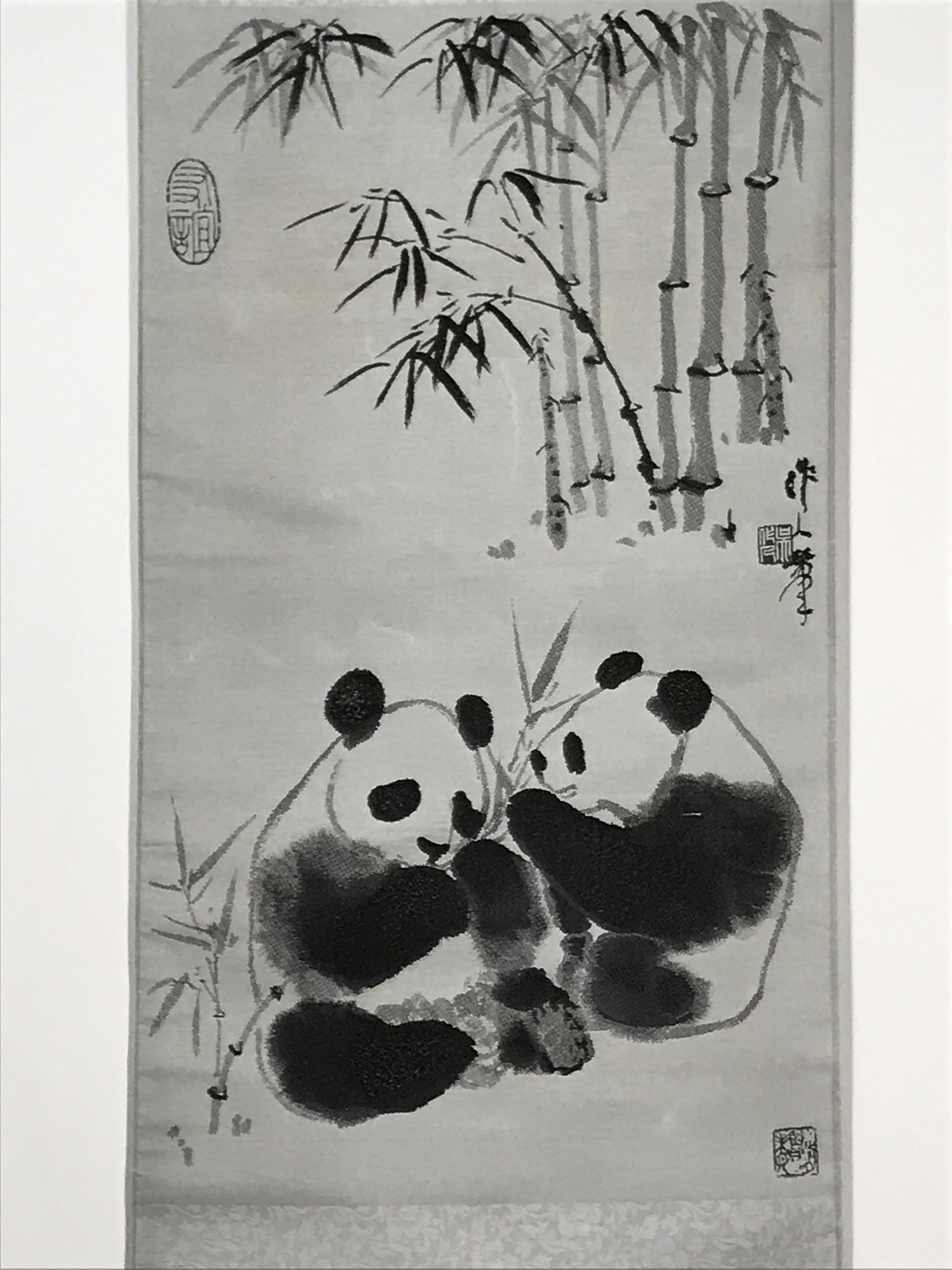 Chinese Boxed Hanging Scroll Vtg 2 Pandas Playing Monochrome Fabric SC965