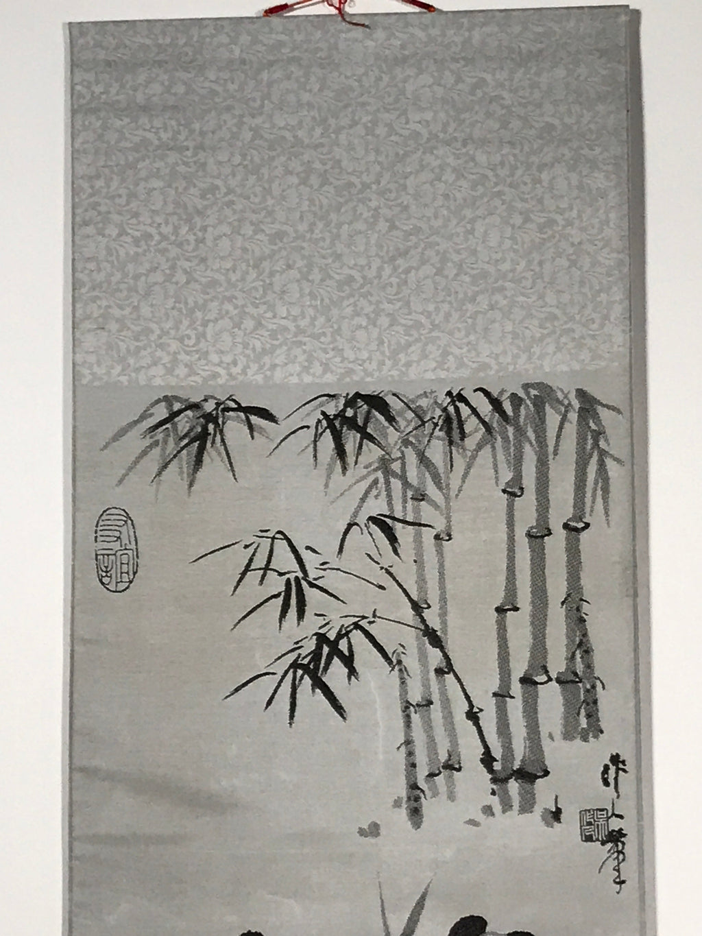 Chinese Boxed Hanging Scroll Vtg 2 Pandas Playing Monochrome Fabric SC965
