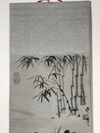 Chinese Boxed Hanging Scroll Vtg 2 Pandas Playing Monochrome Fabric SC965