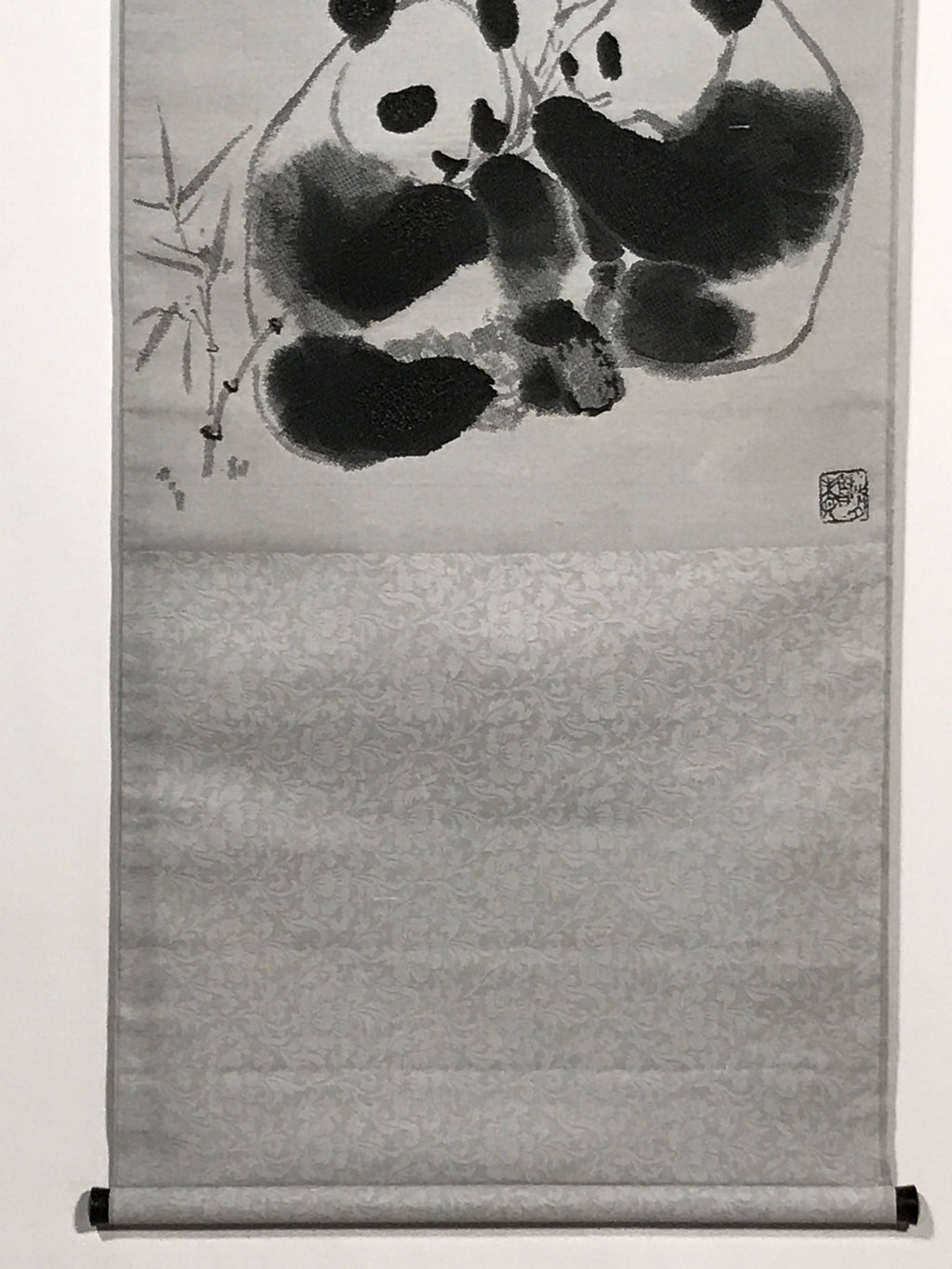 Chinese Boxed Hanging Scroll Vtg 2 Pandas Playing Monochrome Fabric SC965