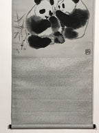 Chinese Boxed Hanging Scroll Vtg 2 Pandas Playing Monochrome Fabric SC965