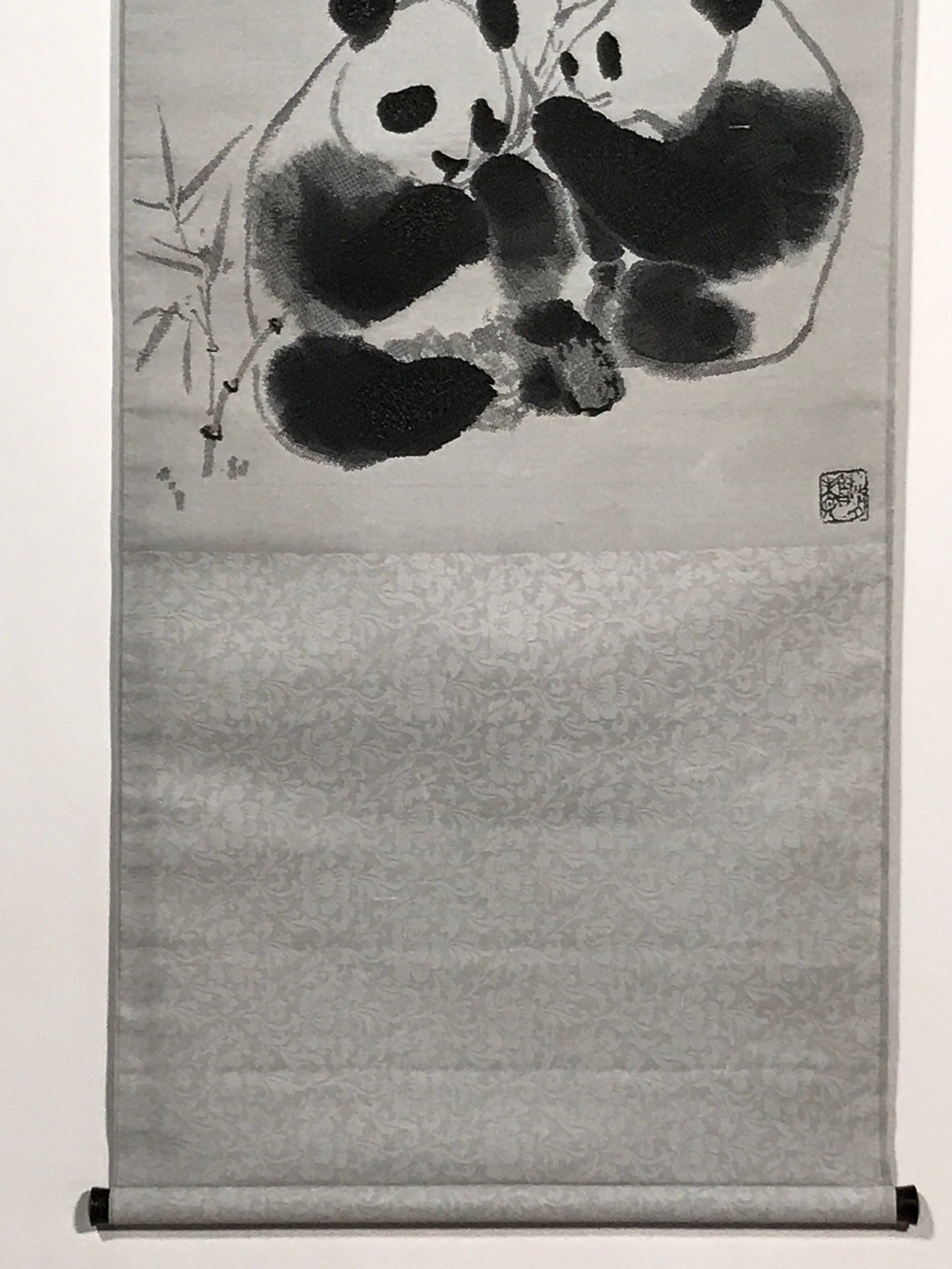 Chinese Boxed Hanging Scroll Vtg 2 Pandas Playing Monochrome Fabric SC965