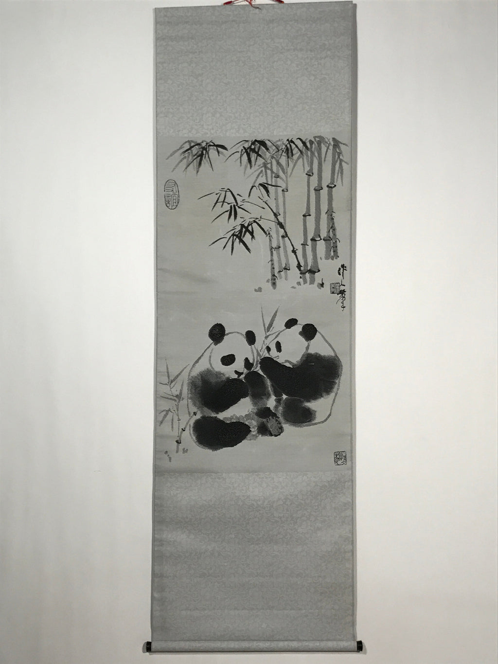 Chinese Boxed Hanging Scroll Vtg 2 Pandas Playing Monochrome Fabric SC965